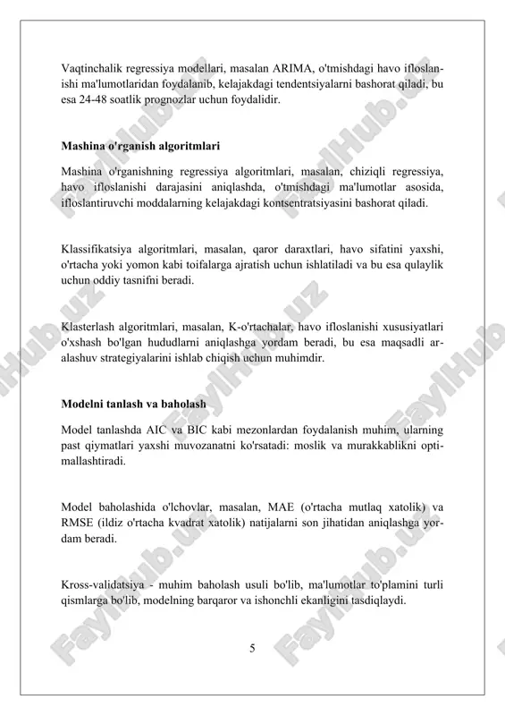qlik darajasi 90% dan ortiq bo'lgan matematik prognozlar sanoat korxonalariga ishlab chiqarishni rejalashtirishda va emissiya hajmini moslashtirishda, misol uchun 25% gacha emissiya kamaytirishda yordam beradi. xulosa va istiqbollar matematik prognozlar shahar havosining ifloslanishini kamaytirish uchun 15% samaraliroq strategiyalarni ishlab chiqish imkonini beradi, chunki aniq o'lchovlar mavjud. kelajakda mashinani o'rganish usullari 25% gacha aniqroq bo'lgan bashoratlarni ta'minlaydi, bu esa ifloslanish epizodlarini samaraliroq boshqarishga imkon beradi. uzoq muddatli istiqbolda real vaqtda monitoring tizimlari va sun'iy yo'ldosh ma'lumotlari 30% aniqlikdagi milliy ifloslanish xaritalarini yaratishga imkon beradi. xulosa havo ifloslanishini matematik prognoz qilish atrof-muhitni muhofaza qilish va jamoat salomatligini yaxshilash uchun samarali vositadir, kelajakdagi ifloslanish darajasini aniqlashga yordam beradi. foydalanilgan adabiyotlar 1. bakelan, a.g., shlee, b., kristensen, m.l., yensen, s.s., sorensen, m., brandt, j., va geertsen, k. (2008). atmosfera ifloslanishini baholash uchun matematik modellarni ishlab chiqish. atmosfera muhiti, 42(24), 5711-5727. 2. garsiya, d.i., mayoral, a.m., rodriges, m.a., va salvador, r. (2010) 0 0 0 …