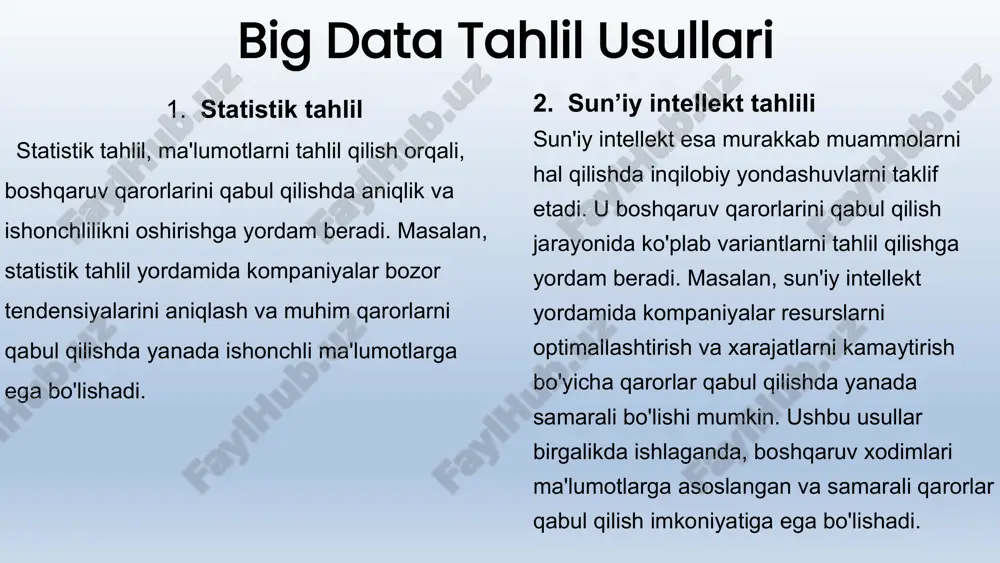 bu o'z navbatida, xatolarni kamaytiradi va strategik rejalashtirishni yaxshilaydi. strategik rejalashtirishda big data tahlili bozor tendensiyalarini aniqlash va resurslarni samarali taqsimlashga yordam berad.bu usul tashkilotlarga o'z maqsadlariga erishishda aniq yo'nalish belgilash imkonini beradi. big data tahlilining biznesdagi afzalliklari, masalan, mijozlar ehtiyojlarini chuqurroq tushunish, operatsion samaradorlikni oshirish va yangi biznes imkoniyatlarini kashf etish orqali raqobatbardoshlikni kuchaytiradi. 1 2 3 4 boshqaruvda big data foydalanishning ahamiyati big data tushunchasi zamonaviy boshqaruv jarayonlarida muhim ahamiyatga ega. u tashkilotlarga katta hajmdagi ma'lumotlarni tahlil qilib, strategik qarorlar qabul qilishda yordam beradi. big data boshqaruv qarorlarida korxonalarning o'zgaruvchan bozor sharoitlariga tezda moslashishiga yordam beradi va raqobat ustunligini ta'minlaydi. bu jarayon, ma'lumotlar asosida aniq prognozlar qilish imkoniyatini yaratadi. katta kompaniyalarda big data asosidagi qaror qabul qilishning afzalliklari, innovatsion yechimlarni tezda ishlab chiqish va mijozlar ehtiyojlarini yaxshi tushunishga yordam beradi. shuningdek, xarajatlarni kamaytirish va operatsion samaradorlikni oshirish imkoniyatlarini yaratadi. statistika va tahlil natijalariga asoslangan misollarga kelsak, kompaniyalar mijozlar …