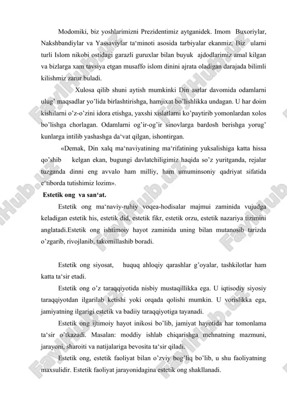 hlab chiqarishga mehnatning mazmuni, jarayoni, sharoiti va natijalariga bevosita ta‘sir qiladi. estetik ong, estetik faoliyat bilan o’zviy bog’liq bo’lib, u shu faoliyatning maxsulidir. estetik faoliyat jarayonidagina estetik ong shakllanadi. estetik ehtiyojlarni qondirishga dahildor bo’lgan estetik faoliyatni tashkil etadi. insonning kuch quvvatini erkin namayon qiladigan, mehnat ijod sifatida qaraladigan har qanday faoliyat estetik faoliyat bo’ladi. estetik ongda estetik did deganda, insonning muloxazalari fikrlari, xulqi, yurish-turishi, o’zini tutishi, xatti-xarakatlarida moddiy va ma‘naviy ijodini maxsulotlarida namayon bo’ladi. estetik did asosida go’zallikni, xunuklikni ajrata bilish, zavqlanish qobiliyati yotadi. estetik ongning ijtimoiy ong shakli sifatidagi ko’rinishida yakka odam estetik ongi ko’rinishi farq qiladi. yakka odam esteti konggi bu aniq bir shaxs onggi, ma‘naviy dunyosining bir qismi. jamiyat estetik ongining mavzuni yakka odam estetik ongidan ancha keng va boy bo’lib, ijtimoiy hayotning barcha estetik tomonlarini qamrab oladi. yakka odam estetki ongi esa faqat bitta shaxs ma‘naviy dunyosini estetik sohasini o’z ichiga oladi. lekin yakka shaxs estetik …