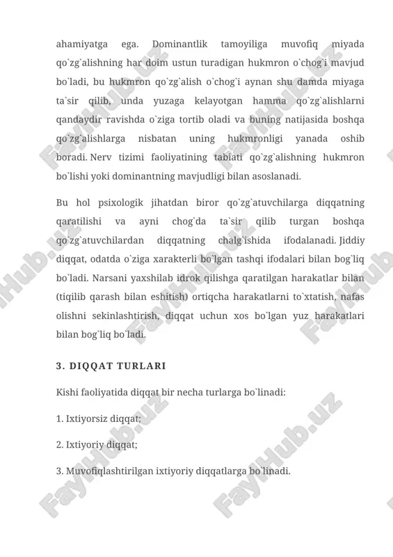 ta`sir qilishi muhim ahamiyatga egadir. bizga doim ta`sir qilib turuvchi yorug`likka qaraganda ma`lum vaqt oralig`ida yonib - uchib turuvchi yorug`lik diqqatimizni o`ziga tezroq jalb qiladi. xuddi shuningdek qo`zg`atuvchining to`xtashi ham diqqatimizni jalb qiladi. masalan: o`quvchi bir xil shovqinda dars tayyorlayotgan bo`lsa (ventilyator shovqinida), shovkinni payqamaydi, agar shovqin to`xtasa u darhol sezadi. qo`zg`atuvchining tashqi xarakterimizga bog`liq bo`lgan diqqatni deyarli majburiy diqqat deb hisoblashimiz mumkin. pedagogik amaliyot, albatta diqqatni tug`diruvchan mana shu toifadagi sabablar bilan hisoblashmog`i lozim. o`qituvchi o`quvchilar diqqatini jalb qilish uchun ba`zan kattiqroq gapirishi yoki ovozni pasaytirib gapirishi mumkin. lekin bunday usullar maktabda diqqatni hal qilish masalasini hech qachon oxirigacha hal qilib bermaydi. bu usuldan so`ng va ular bilan birga o`quvchilar diqqatini jalb qilishning boshqa usullaridan foydalanmog`i lozim. ixtiyoriy diqqatni yuzaga keltiruvchi ikkinchi toifa sabablariga tashqi qo`zg`atuvchilarning odamning ichki holatiga va avvalo odamda mavjud bo`lgan ehtiyojlarga mos kelishi kiradi. masalan: kornimiz och paytida biror mazali hid beixtiyor diqqatimizni o`ziga jalb …