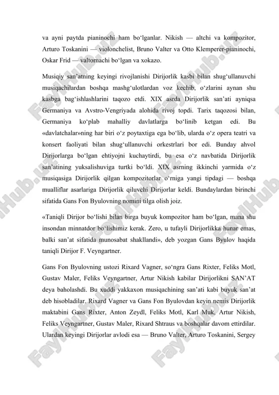r frid, gerberd fon karayan, sharl myunsh va boshqalar. xix asr oxiri xx asr boshlarida rossiyada m. a. balakirev, aka-uka anton va nikolay rubinshteynlar, e. f. napravnik, s. raxmaninov, v. i. safonov va boshqalar dirijor sifatida faoliyat ko‘rsatdilar. o‘z faoliyatlarini davlat to‘ntarilishidan so‘ng (1917 yil) boshlagan keksa avlod ustalari butun mas’uliyatni o‘z zimmalariga oldilar. ular orasida — a. glazunov, m. ippolitov–ivanov, s. vasilenko, i. pribik, xessin, u. avranek, v. suk, n. malko, a. pazovskiy, n. golovanov, a. gauk, s. samosud va boshqalar bor edi. 1938 yilda moskvada bo‘lib o‘tgan butunittifoq dirijorlar tanlovi laureat va diplomantlarni kashf qildi: ye. mravinskiy, a. melik–pashayev, n. raxlin, k. ivanov, m. paverman, k. eliasberg va boshqalar shular jumlasidandir. ii jahon urushidan keyingi (1941-45) 10 yillik dirijorlik san’atining gullab yashnagan davri bo‘ldi. bu davrda b. xaykin, ye. svetlanov, k. simeonov, n. niyazi, g. rojdestvenskiy, o. dmitriadi, n. anosov, l. ginzburg, i. musin, m. kanershteyn, n. rabinovich, …
