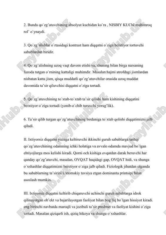 o`ladi. ixtiyoriy diqqat irodamizning nomoyon bo`lishidir. ixtiyoriy diqqat ixtiyorsiz diqqatdan sifat jihatdan farq qiladi. ixtiyoriy diqqat jarayonida ham yuqorida keltirilgan ixtiyorsiz diqqatni keltirib chiqaruvchi sabablarning ta’siri juda kuchli. ammo bu sabablar bevosita emas, balki bavosita ta’sir qiladilar. ixtiyoriy diqqat ixtiyorsiz diqqatdan kelib chiqqan. muvofiqlashtirilgan ixtiyoriy diqqat. ixtiyoriy diqqatdan tashqari, diqqatning yana bir turini qayd etib o`tish lozim. bu diqqatning ixtiyoriy diqqat kabi maqsadga qaratilgan turi bo`lib, lekin doimiy irodaviy zo`r berishni talab qilmaydi. diqqat avval boshda ixtiyoriy bo`ladi. kishi biror faoliyatni bajarishga o`zini majbur qiladi, keyinchalik ishga kirishib, qiziqib ketadi va uning diqqati ixtiyorsiz diqqatga aylanadi. diqqat avval boshda ixtiyoriy edi, keyin esa ixtiyorsizga aylandi. shu sababli diqqatning bu turi ixtiyoriydan keyingi ixtiyorsiz diqqat ham deb yuritiladi. diqqatning xususiyatlari. diqqat ko`p tomonli jarayondir. uning asosiy xususiyatlaridan diqqatning barqarorligi va tebranishiga to`xtalib o`tamiz. diqqatning davomiyligi va uning tebranishi nimalarga bog’liq. ayrim tadqiqotchilar diqqatning davomiyligini sof biologik ritm (tebranish)lar bilan bog’lashga intilganlar. …
