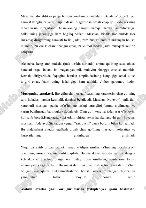 isha yodda tutmog’i lozim. ijro jarayonining bunday elementlarning eng ahamiyatli va muhimi yoki asosiylaridan biri ma’lum vaqt jim turgan, aniqrog’i, pauzadan so’ng kuylashni boshlayotgan ayrim ovozlarga yoki xorning ayrim guruhiga kuylashni boshlashni aniq ko’rsatishdir. buni ijroning boshlanishini ko’rsatish desak bo’ladi. bunday ko’rsatishdan maqsad, ijrochi tomonidan ijroni boshlash vaqtida bo’lishi mumkin bo’lgan xatolikning oldini olishdan iborat. dirijyor o’zining ishorasi bilan xordagi xonandalarning diqqatini o’ziga jalb qiladi va uning endigi kuylaydigan partiyasining muhimligini va asosini ifoda etadi. bundan tashqari, dirijyor nisbatan ahamiyatsizroq ijro boshlanishini ham ko’rsatadi. bu bilan xordagi kuylovchilarga yordam beradi. ayniqsa, agar xordagi biror ovozda, y’ani partiyada uzoq muddat pauza uchrasa yoki asarning usuli o’zgargan vaqtda bu ko’rsatishlar juda katta ahamiyat kasb etadi va zarur bo’ladi. ijro boshlanishi chap qo’lda ko’rsatilishi tabiiy hol. bunda chap qo’l bilan tayyorlovdan so’ng qarash yoki mimik harakat uyg’unlashgan holda xor yoki ayrim bir guruh tomonga auftakt beriladi. biz bilamizki, xordagi bas va alt ovozlari …