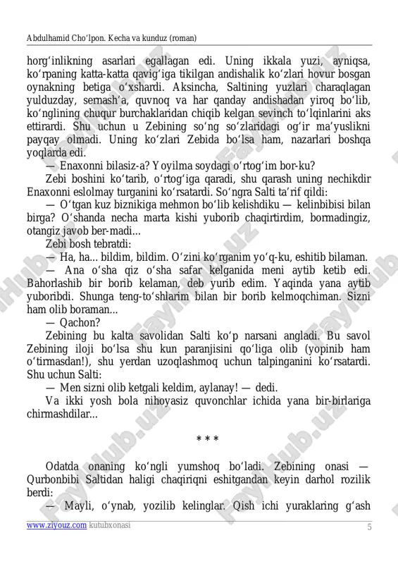 o‘rtog‘ingni o‘tqiz, dasturxon sol. biz, otang bilan, choyni so‘rida ichib, haligi gapni gaplashamiz. ikkala qiz ham og‘iz ochmay jim qolishdi. chunki razzoq so‘fining mijozini ularning ikkalasi ham yaxshi bilardi. so‘figa eng ma’qul bir masalani bo‘lsa ham uqtirib roziligini olmoq uchun yo o‘zining piri, yoki katta bir davlatga ega bo‘lish kerak edi. u odam o‘z tenglaridan hech birining hech qachon hech bir gapini tinglagan emasdi. ayollardan maslahat, ayniqsa, o‘z xotinidan bir taklif eshitmoq uchun razzoq so‘fining qayta boshdan bunyodga kelishi kerak bo‘lardi... shuning uchun zebi ko‘zlari andisha bilan kengayib ochilgani holda indamasdan joylarni yig‘a boshladi. u o‘rinlarni yig‘ishtirib, nonushta joylarini tayyorlab bo‘lgandan so‘ng o‘choq boshida choynaklarga choy tashlarkan: — otamdan darak yo‘q-ku? — deb so‘radi onasidan. qurvonbibi bir ko‘cha eshigiga, bir yonboshdagi daraxtlar orasidan ko‘tarilib kelayotgan quyoshga, bir o‘choqboshidagi qiziga qaragandan keyin: — bilmadim, avrod cho‘zilibroq ketdimikin? sen choyni jindek qo‘yib turib, chala qoldirgan yerlaringni supiratur, kelib qolar, — dedi. zebi …