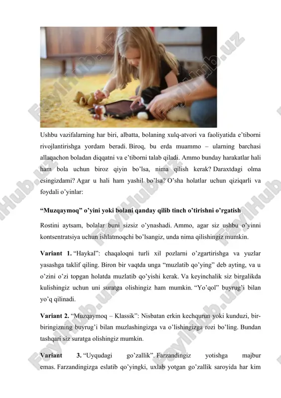gapirish boshlang’ich maktab yoshidagi bolalarda diqqatni jamlashni rivojlanishiga yordam beradi. taniqli psixolog p.ya.galperin aqliy harakatlarning shakllanish jarayonini shunday ta’riflagan. shu sababli, keyingi ikkita mashq baland ovozda gapirish orqali diqqatni jamlashni rivojlantirishga qaratilgan. “biz o’zimiz tuzamiz” yoki bolaning e’tiborini qanday oshirish kerak kitob o’qiyotganda, bolangizga har bir bobdan keyin qahramonlar bilan nima sodir bo’lganligi, qaerda bo’lganlari va nima deganlari haqida savollar bering. keyingi bobni o’qishga o’tishdan oldin, keyingi belgilar bilan nima bo’lishini birgalikda tasavvur qiling. bu bolada syujetni diqqat bilan kuzatib borishi uchun qo’shimcha motiv yaratadi, shunda keyinchalik siz qo’shma versiyangizni muallifning versiyasi bilan taqqoslashingiz mumkin. “tushuntiring va o’rgating” yoki bolani vazifada diqqatini jamlashni o’rgatish farzandingizni hozirgi paytda nima qilayotgani va nima qilishi kerakligi haqida baland ovoz bilan gaplashishga taklif qiling. mezbon tomoshabinlarga oshpazlik dasturida ovqat tayyorlashni qanday o’rgatayotganiga misol keltiring: “menga qovurilgan idish kerak.– men uni isitishim kerak.“endi biz sabzi chiziqlar bilan kesib tashlashimiz kerak …” siz undan hozirda nima …