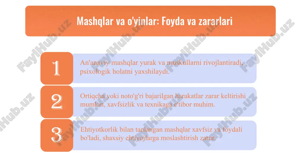 plash kelajakda an'anaviy mashqlar va harakatli o'yinlar texnologik innovatsiyalar bilan rivojlanmoqda. virtual haqiqat, sensorlar va mobil ilovalar yangi imkoniyatlar yaratadi. ekologik va sog'liqni saqlash tendensiyalari esa bu sohani yanada kengaytiradi. photo by linkedin sales solutions on unsplash xulosa chaqonlikni rivojlantirishda an'anaviy mashqlar va harakatli o'yinlarning roli asosiy natijalar: an'anaviy mashqlar va harakatli o'yinlar chaqonlik rivojlanishida muhim. muvofiqlik va farqlar: ularning foydalari va kamchiliklari. kelajak istiqbollari: innovatsiyalar va tendensiyalar. tavsiyalar: muvofiqlashtirish va rivojlanish uchun tavsiyalar. foydalanilgan adabiyotlar 1. o‘zbekiston sport va sog‘liqni saqlash akademiyasi. an'anaviy jismoniy mashqlar va harakatli o'yinlarning chaqonlik rivojiga ta'siri. tibbiy va sport ilmlari jurnali, 2020. 2. ismoilov, d. harakatli o'yinlar va chaqonlik rivojlanishi. o‘zbekiston pedagogika akademiyasi nashriyoti, 2018. 3. qosimov, a. an'anaviy va zamonaviy jismoniy faoliyatlar: taqqoslash va rivojlantirish yo'llari. sport va jismoniy tarbiya jurnali, 2019. 4. yunusov, a. chaqonlik va harakatli o'yinlarning psixofiziologik asoslari. toshkent: fan va texnologiya nashriyoti, 2021. 5. rahimov, b. jismoniy faollik va …