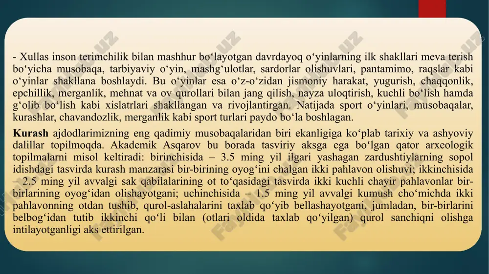 “marosim”, “xursandchilik” degan ma’nolarni bildiradi. bayram so‘zining turli talqinlari bor. bizningcha, falsafiy ensiklopediyada berilgan bayram — «insonlar xursandchiligining yig‘indisi»,—degan talqin eng to‘g‘risi deb hisoblanadi. bayram ijtimoiy mahalliy hayotning eng muhim qismlaridan bo‘lib, shodiyona, xursandchilikni vujudga keltiradigan voqealarni nishonlaydi. ommaviy bayramlarning ommabopligi shundaki, birinchi navbatda, u amaliy namoyish etilganda, o‘zining chuqur ijtimoiy- psixologik ildiziga ega ekanligi namoyon bo‘lib, sahnalashtirish jarayonida tasodifiy hol va elementlarga yo‘l qo‘yilmaydi. ommaviy bayramlar ba’zi bir tashkilotchi yoki tashkilotning xohishiga qarab o‘tkazilmasdan, balki keng xalq ommasining bayramga bo‘lgan ma’naviy ehtiyoji tug‘ilganda o‘tkazilsa, haqiqiy bayram tomoshasi yuzaga keladi. oʻzbek xalqida yirik ishlarning boshlanishi va yakunlanishi odatda bayramga aylanib ketadi. bayram insoniyatning bosib oʻtgan yoʻllarini chuqur anglashga gʻalabalardan faxrlanishga ertangi kun uchun rejalar tuzishga kelajakka umid bog‘lashga yordam beradi. shu boisdan ham bayram arafasida kishilar bir-birlarini tabriklashadi yaxshi istaklar bildirishadi. xullas, eng qadimiy davrlardan xalq ommasi ehtiyoji bilan shakllana borgan, ijtimoiy zarurat asosida rivoj topgan, muayyan vaqtlarda taqiqlangan, katta …