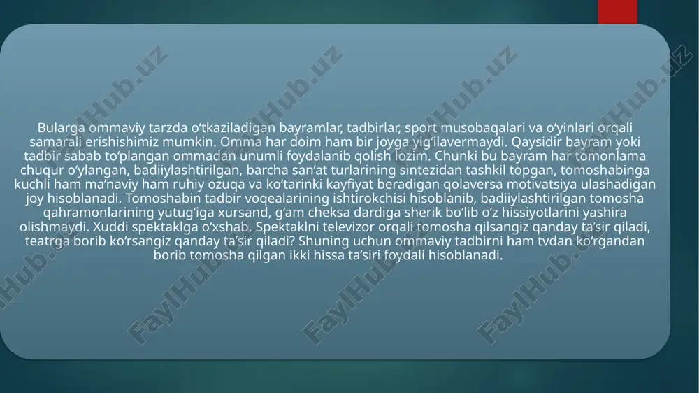 azifalar ahamiyatli, ijtimoiy hodisalar aniq qahramonlarning shaxsiy qarama-qarshiliklari orqali emas, balki ijtimoiy ziddiyatlarni epik prinsipi bo‘yicha, yaxlit namoyish etiladi» ommaviy bayram va tomoshalar ssenariysi tomoshabinga emotsional ta'sir qilish borasida keng imkoniyatlarga ega. bunday ssenariy muallifi, tomoshabinlarga berilgan tarixiy faktlarga bo‘lgan munosabatiga suyanishi mumkin. ommaviy bayram va tomoshalar ssenariysi tomoshabinga ko‘p tomonlama emotsional ta’sir qilishi bilan birga tomoshabinlarni bayramning faol ishtirokchisiga aylantirib, tomoshabinni, qahramonlar o‘rtasidagi u yoki bu qarama-qarshiliklarga bo‘lgan munosabatlari, kechinmalarida birga bo‘lishni talab qilmaydi. shuning uchun ommaviy bayram va tomoshalar ssenariysida doimo qarama-qarshilikning bo‘lishi talab qilinmaydi. masalan, «navro‘z», «mehrjon», «birinchi qadam» bayramlari, xalq sayllari. bunday bayram va sayllarda, umuman, qarama-qarshilik o‘masligi mumkin. badiiy sport tadbirlarini ikki yoki uch bosqichda, ya’ni ikki yoki uch kun uyushtirish mumkin. birinchi va ikkinchi kunlari g‘oliblar aniqlanib, uchinchi kun esa final o‘yinlari o’tkazilishi mumkin. misol tariqasida boks o‘yinlariga bag‘ishlangan shou dasturini oladigan bo‘lsak, uning quyidagi tartibda o‘tkazish, ya’ni ssenariyning kompozitsion tuzilishini quyidagicha belgilash mumkin: …