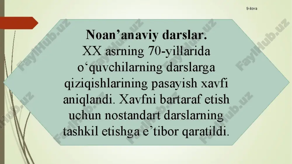 ni mustahkamlash. savol-javob o‘tkazish, misol yechish va mashqlarni bajarish. 5.uyga vazifa berish. uyga topshiriq berish. darsning bu qismiga mazkur topshiriqni bajarish usulini tushuntirish, uni o‘qituvchining o‘zi doskaga yozishi, o‘quvchilarning daftarga yoki kundalikka ko‘chirishi kiradi. 6.darsni yakunlash. darsni tugallashdan iborat bo‘lib, bu ish tashkiliy ravishda amalga oshirilishi kerak. darsga qo‘yilgan umumiy didaktik talablar. 1.har bir dars ma’lum bir maqsadni amalga oshirishga qaratilgan, puxta rejalashtirilgan bo‘lishi lozim. darsni qanday boshlash, qanday tamomlash, ko‘rgazmali materiallardan foydalanish kabilarni oldindan xal qilib olinadi. 2.har bir dars aniq g‘oyaviy-siyosiy yo‘nalishga ega bo‘lishi lozim. 3.har bir dars turmush va amaliyot bilan bog‘langan bo‘lishi lozim. 4.har bir dars turli usullardan foydalangan xolda olib borilishi lozim. 5.darsga ajratilgan soat va daqiqalarni tejash va unumli foydalanish kerak. 6.dars jarayonida o‘qituvchi va o‘quvchi o‘zaro faol munosabatda bo‘lishi lozim. 7.darsda o‘quv materialining mazmuniga oid ko‘rsatmali qurollar, texnika vositalaridan foydalanish lozim. 8.dars mashg‘ulotini butun sinf bilan va har bir o‘quvchi bilan individual (shaxsiy) …