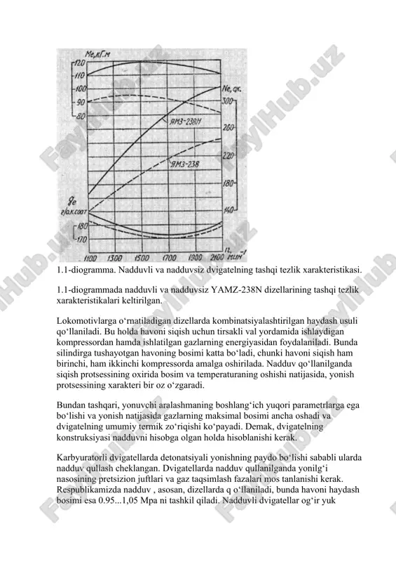 idan foydalaniladi. bunda silindirga tushayotgan havoning bosimi katta bo‘ladi, chunki havoni siqish ham birinchi, ham ikkinchi kompressorda amalga oshirilada. nadduv qo‘llanilganda siqish protsessining oxirida bosim va temperaturaning oshishi natijasida, yonish protsessining xarakteri bir oz o‘zgaradi. bundan tashqari, yonuvchi aralashmaning boshlang‘ich yuqori parametrlarga ega bo‘lishi va yonish natijasida gazlarning maksimal bosimi ancha oshadi va dvigatelning umumiy termik zo‘riqishi ko‘payadi. demak, dvigatelning konstruksiyasi nadduvni hisobga olgan holda hisoblanishi kerak. karbyuratorli dvigatellarda detonatsiyali yonishning paydo bo‘lishi sababli ularda nadduv qullash cheklangan. dvigatellarda nadduv qullanilganda yonilg‘i nasosining pretsizion juftlari va gaz taqsimlash fazalari mos tanlanishi kerak. respublikamizda nadduv , asosan, dizellarda q o‘llaniladi, bunda havoni haydash bosimi esa 0.95...1,05 mpa ni tashkil qiladi. nadduvli dvigatellar og‘ir yuk ko‘taradigan avtomobillarga o‘rnatilmoqda, ular tog‘li tumanlarda ishlatilganda maqsadga muvofiq bo‘ladi. dvigatel quvvatini oshirishning yana qo‘yidagi usullari bor; to‘rt taktli dvigatel o‘rniga ikki taktligini qo‘llash , bu usul nisbatan kam qo‘llaniladi, chunki bunday dvigatelning termik zo‘riqishi kuchli va …
