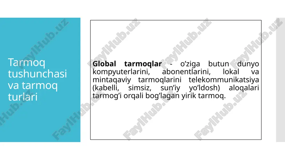 a egalik; tarmoqni qurish uchun ko‘p vaqt va ma’muriy ye’tibor talab qiladi. tarmoq topologiyalari gibrid topologiya bir nechta topologiyalar (masalan, yulduz, halqa va shina) kombinatsiyasidan hosil qilingan tarmoq strukturasidir. afzalliklari: har xil topologiyalarning afzalliklarini birlashtirish mumkin. moslashuvchan va kengaytiriladigan. kamchiliklari: loyihalash va boshqarish murakkab. qimmat bo'lishi mumkin, chunki har xil topologiyalarni birlashtirish kerak. tarmoq topologiyalari eslatma!!! topologiyalarni tanlashda asosiy omillar: tarmoqning hajmi: kichik tarmoqlar uchun yulduz yoki shina topologiyasi mos bo'lishi mumkin, katta tarmoqlar uchun esa daraxt yoki gibrid topologiyalar ishlatiladi. ishonchlilik: agar tarmoqning doimiy faoliyati muhim bo'lsa, to'liq ulanishli (mesh) topologiyasi eng ishonchli variant hisoblanadi. xarajat: tarmoqning xarajatlari ham tanlovga ta'sir qiladi. masalan, to'liq ulanishli topologiya qimmat, lekin ishonchli, shina esa arzon, lekin ishonchlilik darajasi past. kengaytirish imkoniyati: agar tarmoq kengaytirilishi kerak bo'lsa, daraxt yoki yulduz topologiyasi yaxshi tanlov bo'lishi mumkin. image1.jpeg image2.png image3.png image4.png image5.png image6.png image7.png image8.png image9.png image10.png image11.png /docprops/thumbnail.jpeg