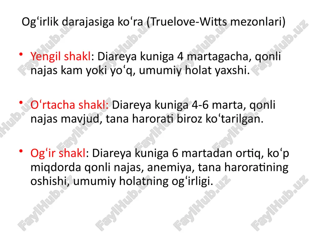 atini aniqlash, uning og‘irligini baholash va davolashni monitoring qilish uchun zarurdir. quyidagi laboratoriya testlari nyk ning tashxisini qo‘yishda va davolash jarayonini kuzatishda qo‘llaniladi: oak, bak, najas, vitamin va mineral darajalari, kaliy va natriy darajasi: surunkali diareya va qon yo‘qotish natijasida bu elektrolitlarning darajasi o‘zgarishi mumkin, bu esa hayotiy muammolarni keltirib chiqarishi mumkin. bolalarda nospetsifik yarali kolit (nyk) davolashining maqsadi yallig‘lanishni boshqarish, simptomlarni kamaytirish va ichakda zararlanishni oldini olishdir. davolash individual ravishda, kasallikning faoliyati va og‘irligiga qarab belgilanadi. 1. farmakologik davolash: a. anti-yallig‘lanish dorilari: aminosalicilatlar (5-asa): b. kortikosteroidlar: prednizolon va budesonid: kasallikning og‘ir shakllarida yallig‘lanishni tez kamaytirish uchun qo‘llaniladi. ular tizimli ravishda (tabletkalar yoki in'ektsiyalar) qabul qilinadi. c. immunosupressiv dori-darmonlar: azatioprin (imuran) yoki merkaptopurin (purinethol): e. antibiotiklar 2. diyet va oziqlanishni boshqarish: maxsus dieta: yallig‘lanishni kuchaytiradigan oziq-ovqatlardan (masalan, yog‘li, achchiq, tuzli ovqatlar) saqlanish muhimdir. bolalar uchun balanslangan va oson hazm bo‘ladigan ovqatlar tavsiya etiladi. 3. suyuqlikni va elektrolitlarni tiklash: suyuqlik va …