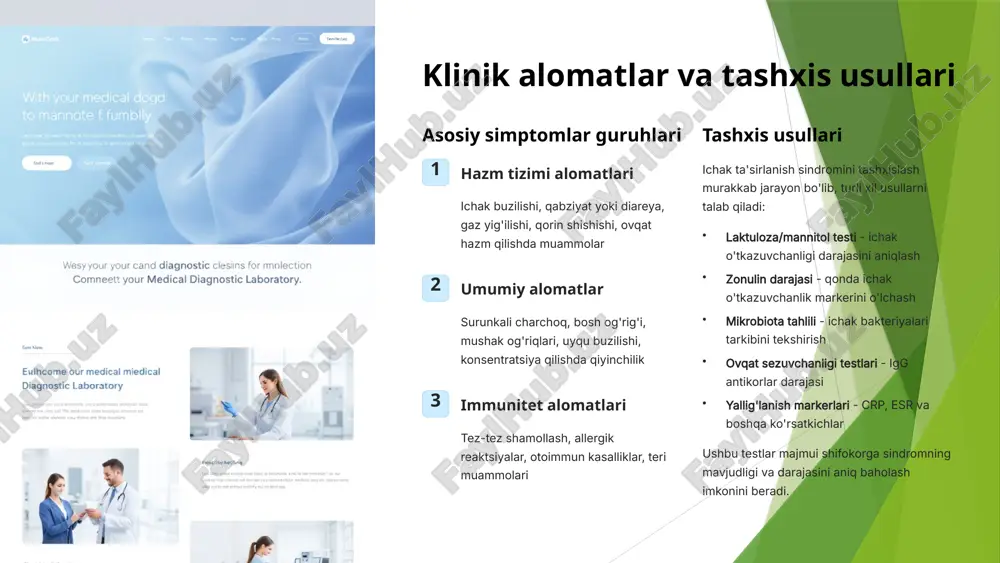 lar va prebiotiklar birgalikda ishlatilganda synergik ta'sir ko'rsatadi. bu kombinatsiya foydali bakteriyalarning yashash va ko'payish sharoitlarini yaxshilaydi. qo'llash tamoyillari probiotik va prebiotiklar bilan davolashda quyidagi tamoyillarni rioya qilish kerak: asta-sekin boshlash va dozani oshirish kamida 3 oylik kurs o'tkazish turli shtammlardan foydalanish prebiotiklar bilan birgalikda qabul qilish antibiotiklar bilan bir vaqtda qabul qilmaslik dozalash probiotiklar uchun kunlik tavsiya etilgan doza 10-50 milliard koe (koloniya hosil qiluvchi birliklar). prebiotiklar uchun kuniga 5-20 gramm tola zarur. 8 hayot tarzini o'zgartirish va dietoterapiya eliminatsiya dietasi birinchi bosqichda potentsial zararli mahsulotlarni yo'q qilish: gluten, sut mahsulotlari, qand, qayta ishlangan ovqatlar, alkogol va kafein. bu bosqich 4-6 hafta davom etishi kerak. sintomlarni kundalikda qayd etish muhim. davolovchi ovqatlar ichak devorini tiklash uchun maxsus ovqatlar: suyak shorpasi (kolagen uchun), fermentlangan mahsulotlar (probiotiklar uchun), omega-3 yog'lari (yallig'lanishni kamaytirish uchun), tolali mevalar va sabzavotlar. 03 qayta kiritish bosqichi eliminatsiya qilingan mahsulotlarni birin-ketin qaytarish va reaktsiyalarni kuzatish. har bir …
