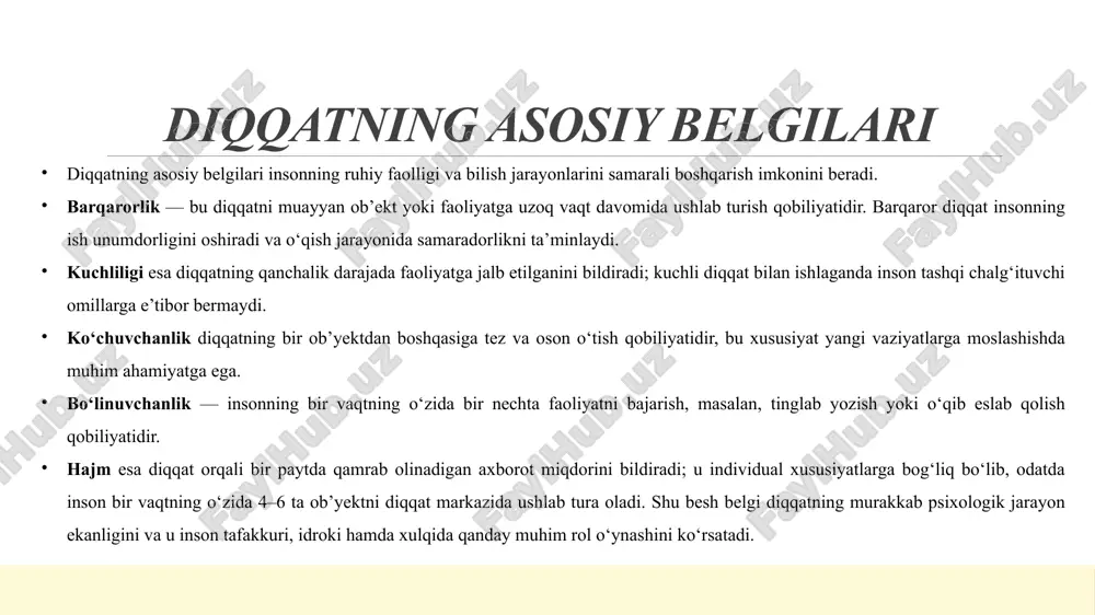 lab-quvvatlaydi, chunki o‘rganilgan bilim va fikrlash jarayoni e’tiborning yo‘nalishini mustahkamlaydi. shu sababli diqqatni saqlash va rivojlantirish uchun inson o‘z ichki holatini muvozanatda ushlab turishi zarur. diqqatning nerv-fiziologik asoslari diqqatning nerv-fiziologik asoslari inson miya faoliyatining murakkab tizimiga tayanadi. diqqatning shakllanishi va boshqarilishi bosh miya po‘stlog‘idagi nerv impulslarining faolligi orqali amalga oshadi. miya po‘stlog‘ida turli markazlarda qo‘zg‘alish va tormozlanish jarayonlari muvozanatda kechadi; diqqat aynan shu jarayonlarning ma’lum bir markazda ustunlashuvi natijasida vujudga keladi. qo‘zg‘algan markaz “dominanta” hosil qilib, boshqa nerv markazlarining faoliyatini vaqtincha tormozlaydi, natijada e’tibor faqat bir ob’ektga yo‘naltiriladi. shuningdek, tashqi va ichki retseptorlar signallari ham diqqatning shakllanishida muhim rol o‘ynaydi — ko‘rish, eshitish, hid bilish va sezish orqali kelgan ma’lumotlar miya tomonidan tahlil qilinadi va eng muhimiga ustuvorlik beriladi. nerv markazlari o‘rtasidagi bog‘lanishlar esa diqqatni barqaror ushlab turishga yordam beradi, chunki ular miya qismlari o‘rtasida uzviy aloqa va muvofiqlikni ta’minlaydi. shu tariqa, diqqat — bu nerv tizimi faoliyatining muvozanatli, uyushgan …