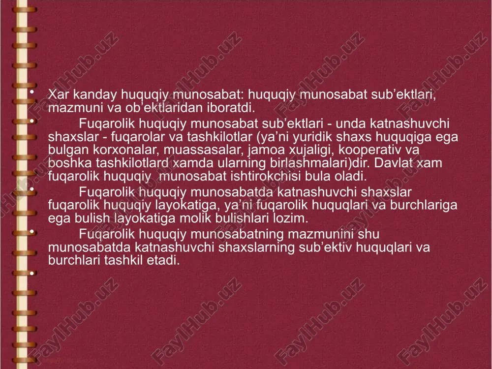 tilgan shartnomalar va boshka bitimlardan, shuningdek, garchi konunda nazarda tutilmagan bulsada, lekin unga zid bulmagan shartnomalar va boshka bitimlar: b) davlat organlari xamda fuqarolar uzini-uzi boshkarish organlarining fuqarolik huquqlari va majburiyatlari vujudga kelishining asosi sifatida nazarda tutilgan xujjatlar; v) sudning fuqarolik huquq va burchlarini belgilagan karorlari (fkning 8-moddasi, 2-kismi, 1-3 bandlari). yuridik xatti-xarakatlar muayyan huquqiy okibatni tugdirishga karatilmasdan kilinsa xam, bunday okibatlar konun bilan nazarda tutilganligi sababli vujudga keladi. masalan, fan, adabiyot va san’at asarlarini yaratish bilan boglik bulgan huquq va san’at asarlarini yaratish bilan boglik bulgan huquq va majburiyatlarning vujudga kelishi konun bilan belgilanadi. xodisalar, vokealar, ya’ni kishilarning erkidan tashkari sodir buladigan faktlar (masalan, ulim va shunga uxshashlar) fakat konunda nazarda tutilgan xollardagina fuqarolik huquqi va majburiyatlarini vujudga keltiradi. masalan, fuqaro vafot etgan takdirda uning vorislari vorislik huquqi tugrisidagi normalar asosida meros olish huquqiga, marxumning karzi bulsa, olgan meros mulki kiymati xajmidan shu karzni tulashga majbur buladilar. tabiiy ofat, …