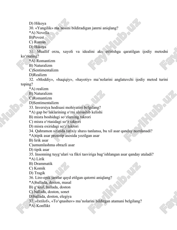 tralogiya d) pentologiya 52. yozuvchi o‘zi ishtirok etgan, guvohi bo‘lgan voqealar tasvirlangan badiiy asar qanday nomlanadi? *a) memuar b)roman c) masal d) komediya 53. dramatik asarlarda asar ishtirokchilarining tashqi qiyofasi, yoshi, qilgan xatti-harakati, qiliqlari, intonatsiyasi, sahna munozarasi haqida muallif tomonidan beriladigan izohlar nima deyiladi? *a) remarka b) leytmotiv c) ramz d)stsenariy 54. qaysi leksik resurs orqali personajlar o‘z-o‘zlarini yoki bir-birlarini xarakterlaydilar? *a) nutqiy xarakteristika b) monolog c)polilog d) obraz 55. shoir va yozuvchilar haqida ma’lumot beruvchi asarlar qanday nomlanadi? *a) tazkira b) memuar asar c)detentiv asar d)tuyuq 56. tasvirga muallif mutlaqo aralashmaydigan, obrazlarning xatti-harakatiga, voqealarning rivojiga o‘z munosabatini bildirmaydigan badiiy asarlar … deyiladi? *a) dramatik asarlar b) publitsistik asarlar c) epik asarlar d) lirik asarlar 57. «mazmunni ifodalovchi shakl bir-biri bilan shunday bog‘liqki, shaklni mavzudan ajratish – mazmunni yo‘q qilish, mazmunni shakldan ajratish, shaklni barbod qilish demakdir». ushbu fikr qaysi adibga tegishli? *a) belinskiy b) navoiy c)izzat sulton d) mayakovskiy …