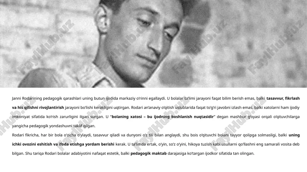 tiladi. rodari peyzaj tasvirlari orqali nafaqat voqealar fonini yaratadi, balki qahramonlarning ichki dunyosi va ijtimoiy mavqeini ochib beradi, shuningdek, asarning asosiy g‘oyasini — adolat bilan zulm, ezgulik bilan yovuzlik o‘rtasidagi kurashni yanada ta’sirli qiladi. asarda bayon etilgan detallarining qiyosiy tahlili asarda har bir detal chuqur ma’no kasb etadi va qahramonlarning ichki dunyosi hamda jamiyatdagi mavqeini ifodalaydi. chipollinoning etiklari mehnatkashlik, sadoqat va oddiy xalq hayotining ramzidir. pomidor janobning tayog‘i zo‘ravonlik, hukmronlik va adolatsizlik belgisi sifatida tasvirlanadi. limon knyazning saroyi esa tabaqalanish, boylik va ijtimoiy tengsizlikni ifodalaydi. muallif ushbu detallar orqali asarda hukm surayotgan adolatsizlikni ochib beradi hamda xalqning halol mehnatiga hurmat bilan qaraydi. asardagi xalq ijodi namunalarining tahlili asarda xalq og‘zaki ijodi unsurlari keng qo‘llanilgan bo‘lib, ular asarga samimiylik va xalqona ohang bag‘ishlaydi. muallif xalq maqollari, topishmoqlari va rivoyatlar ruhida yozadi, masalan: “kim haqi uchun kurashsa, u g‘olib bo‘ladi”, “kichik odamning yuragi katta bo‘lishi mumkin.” bu iboralar xalq donoligi va hayot …
