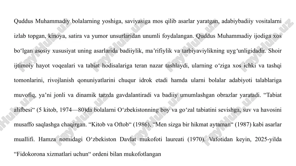 ni, masalan, yaproq yoki qush tasvirini, turlicha holatda qaytarib, umumiy g‘oya uzviyligini yaratadi. natijada detallar she’rga vizual go‘zallik va hissiy chuqurlik baxsh etadi hamda o‘quvchini hayot ma’nosi ustida mushohada yuritishga undaydi. asardagi muallif xalqqa oid xalq ijodi namunalarining tahlili qudus muxammadiyning “tabiat alifbesi” turkumidagi she’rlarida xalq og‘zaki ijodi unsurlari muhim o‘rin egallaydi. shoir asarlarida maqol, topishmoq, rivoyat va xalq hikmatlariga murojaat qilib, ularni badiiy uslub bilan uyg‘unlashtiradi. bu usul she’rga milliy ruh, xalqona ohang va tabiiy samimiyat bag‘ishlaydi. folklor elementlari orqali muallif xalqning asrlar davomida shakllangan tajribasini, tabiatga bo‘lgan ehtiromini va donishmandlikni ifodalaydi. muxammadiy xalq og‘zaki ijodini to‘g‘ridan-to‘g‘ri ko‘chirmaydi, balki uni zamonaviy she’riy tilda qayta talqin qiladi, mazmunini yangicha falsafiy ma’no bilan boyitadi. shu bois uning she’rlarida an’ana va innovatsiya uyg‘unlashib, milliy estetik meros bilan zamonaviy fikr bir butun bo‘ladi. natijada, asar xalq ruhi, tarixiy xotira va shoirning shaxsiy uslubi orqali yangi badiiy darajaga ko‘tariladi. asardagi eng yaxshi aforizmlarning qiyosiy …