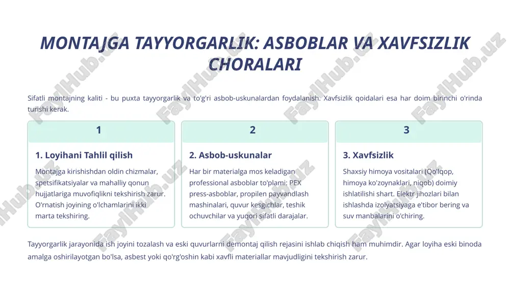 mos kelishini va elektr ta'minoti xavfsizligini ta'minlash muhimdir. tizimlarning bir-biri bilan uzluksiz ishlashini (integratsiya) tekshirish kerak. 9 montajdagi keng tarqalgan xatolar va ularning oldini olish hatto tajribali mutaxassislar ham ba'zan sodda xatolarga yo'l qo'yishlari mumkin. ushbu xatolardan qochish uzoq muddatli ishonchlilikni ta'minlaydi. nishabning noto'g'ri o'rnatilishi (kanalizatsiyada) tiqilishlar, hidlar va doimiy tozalash ehtiyoji. oldini olish: har doim daraja (level) va maxsus quvur egatlarini ishlatish. har xil metallarning noto'g'ri ulash galvanik korroziya, bu esa quvur devorlarining tez yemirilishiga olib keladi. oldini olish: mis va po'latni ulashda dielektrik armaturalardan foydalanish. quvurlar uchun yetarli kengayish joyini qoldirmaslik issiq suv quvurlari kengayganda devor ichida stress hosil qilib, shovqin va hatto yorilishlarga olib kelishi mumkin. oldini olish: pex kabi moslashuvchan materiallar uchun harakatlanish erkinligini ta'minlash. quvurlarni to'g'ri izolyatsiya qilmaslik energiya isrofi, sovuq quvurlarda kondensatsiya, zanglash va mog'or paydo bo'lishi. oldini olish: barcha issiq va sovuq quvurlarni sifatli izolyatsiya materiallari bilan qoplash. har bir montaj tugagandan so'ng, …
