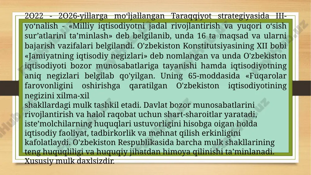 soslarga muvofiq boshqa tushumlar hisobidan vujudga keladi. respublika mulki obyektlari qonun hujjatlarida belgilab qo'yilgan tartibda va shartlar asosida xususiy mulk qilib berilishi mumkin (214-modda). qonunga asosan ommaviy (davlat) mulk respublika (umumdavlat) va munitsipal (mahalliy) mulkka bo'linadi. davlat hokimiyati mahalliy organlarining mol-mulki mahalliy byudjet mablag'lari, munitsipal uy-joy fondi va kommunal xo'jalik, korxonalar va boshqa mulkiy komplekslar xalq ta’limi, madaniyat, sog'liqni saqlash muassasalari, shuningdek, boshqa mol-mulk munitsipal mulk bo'ladi. bunday mulklarni, qonunda boshqacha tartib nazarda tutilmagan bo'lsa, mahalliy hokimiyat organlari yoki ular vakil qilgan organlar tasarruf etadi. munitsipal mulk xo'jalik yuritish yoki operativ boshqarish huquqi asosida yuridik haxslarga biriktirilib qo'yilishi mumkin. munitsipal mulk mahalliy byudjetga tushadigan soliqlar, yig'imlar va boshqa to'lovlardan, shuningdek, qonun hujjatlarida nazarda tutilgan boshqa asoslarga muvofiq tushumlar hisobiga vujudga keladi. munitsipal mulk obyektlari qonunda belgilangan tartibda xususiy mulkka o'tkazilishi mumkin (125-modda). mulk shakllari davlat tomonidan teng muhofaza qilinadi. ular teng mavqega ega. xususiy mulkning daxlsizligi va davlat tomonidan muhofaza …