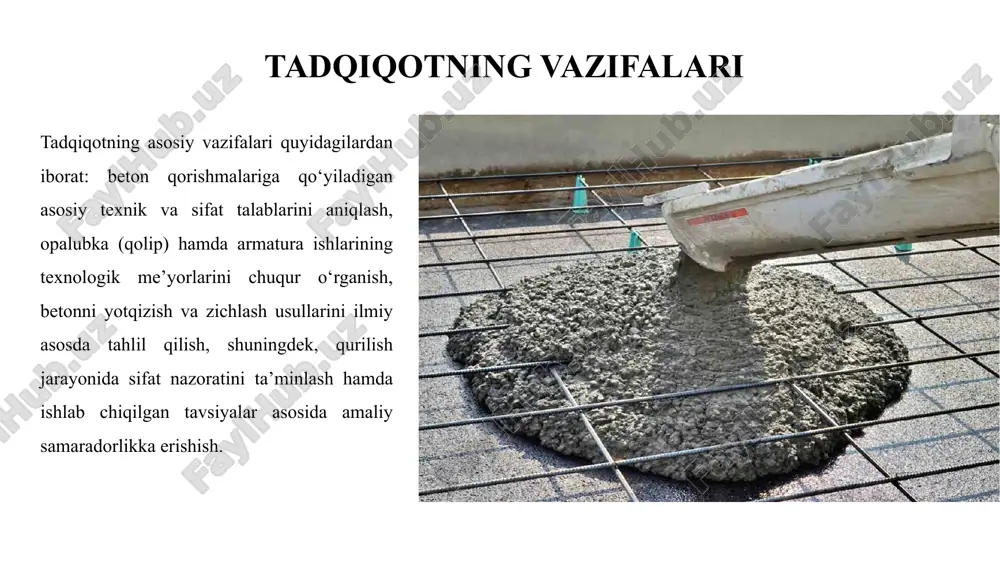 va texnik xizmat ko‘rsatish xarajatlarining kamayishini ta’minlaydi. umumiy xulosa beton va armatura ishlari har bir inshootning poydevori va “suyagi” hisoblanadi. ularning sifatli bajarilishi binolarning mustahkamligi, bardoshliligi va xavfsizligini belgilaydi. texnologik jarayonlarga qat’iy rioya etish, materiallarning sifatini nazorat qilish, qolip va armatura ishlarini me’yor asosida bajarish hamda betonni to‘g‘ri yotqizish va zichlash usullarini qo‘llash — uzoq muddatli va ishonchli binolar qurishning eng muhim sharti hisoblanadi. sifatli materiallar, to‘g‘ri tayyorlangan qorishma va zamonaviy texnologiyalarning uyg‘unligi mustahkam, tejamkor va barqaror inshootlar barpo etishning kafolatidir. foydalanilgan adabiyotlar o‘zbekiston respublikasi qurilish me’yorlari va qoidalari (o‘rqmq 2.03.01-18). jo‘rayev a. “beton va temirbeton konstruksiyalar”, toshkent: oliy ta’lim nashriyoti, 2021. karimov m. “qurilish materiallari texnologiyasi”, toshkent: fan va texnologiya, 2020. gost 7473-2010 – beton qorishmalari. texnik shartlar. snip 3.03.01-87 – temirbeton konstruktsiyalarni o‘rnatish. image1.png image2.png image3.png image4.png image5.png image6.png image7.png image8.png image9.png image10.png image11.png /docprops/thumbnail.jpeg