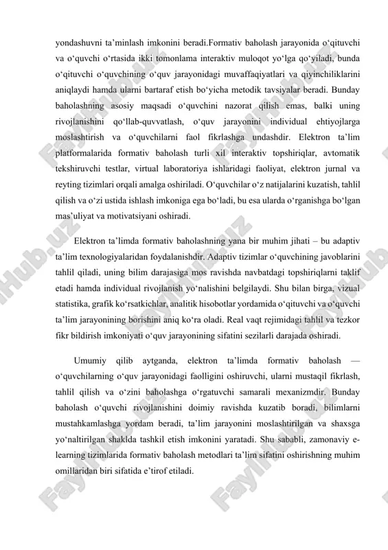 mulyatsiyalar, amaliy keyslar, elektron portfoliolar va interaktiv topshiriqlar orqali tashkil etiladi. ushbu yondashuv o‘quvchini mustaqil izlanishga, ijodiy fikrlashga va innovatsion yechimlar ishlab chiqishga undaydi.autentik baholash o‘quvchilarni o‘z bilimlarini kengroq kontekstda qo‘llash, mavjud muammoni anglash, tahlil qilish va mos strategiyalarni qo‘llashga yo‘naltiradi. elektron muhitda taqdim etiladigan real-case topshiriqlar, biznes o‘yinlari, simulyatsion uchrashuvlar, muammoli vaziyatlar asosidagi topshiriqlar o‘quvchilarga real ish jarayonini his qilish imkonini beradi. bunda nafaqat yakuniy natija, balki o‘quvchining fikrlash jarayoni, qadam-baqadam tahlili va ijodiy yondashuvi ham hisobga olinadi. shuningdek, onlayn portfoliolar va loyiha ishlari o‘quvchilarga o‘z yutuqlarini tizimli jamlab borish, o‘z o‘sishini monitoring qilish va refleksiya qilish imkonini beradi. autentik baholash raqamli kompetensiyalarni rivojlantirishga xizmat qiladi, chunki o‘quvchi axborotni izlash, qayta ishlash, tahlil qilish, taqdimot qilish, onlayn muloqot qilish va loyihada jamoaviy ishlash ko‘nikmalarini shakllantiradi. bunday baholash turida kommunikativ madaniyat, kreativ fikrlash, mas’uliyat va hamkorlikda ishlash malakalari rivojlanadi. natijada o‘quvchilar nafaqat bilimga ega bo‘ladi, balki ularni hayotiy va kasbiy …