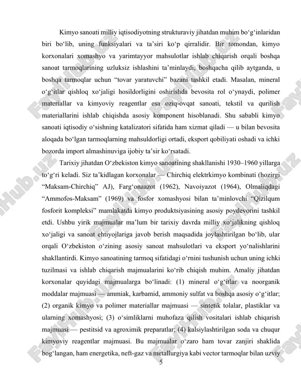 xarajatlarni pasaytirish va atrof-muhit yukini kamaytirish mumkin; 3. aylanma iqtisodiyot tamoyillarini tatbiq etish — chiqindilarni qayta ishlash va uning qiymat zanjiriga qaytarilishi yangi daromad manbalarini ochadi; 4. ilmiy-tadqiqot va innovatsion faoliyat — katalizatorlar, doimiy (continuous-flow) reaktorlar va bio-ishlatiladigan metodlar ishlab chiqish orqali mahsulot sifati va resurslardan foydalanish samaradorligi ortadi; 5. davlat siyosati va regulyatorlik — ekotizimni rag‘batlantiruvchi fiskal va normativ choralar (subsidiyalar, soliqqa oid imtiyozlar, ekologik standartlar) investitsiyalar va modernizatsiyani tezlashtiradi. o‘zbekiston misolida, 2020–2025 davrida sanoatni modernizatsiya qilish va eksport potentsialini oshirishga yo‘naltirilgan bir qator strategik hujjatlar va loyihalar qabul qilindi va amalga oshirilmoqda. ushbu loyihalar doirasida yirik zavodlar o‘z ishlab chiqarish quvvatlarini yaxshilash, energiya samaradorligini oshirish va chiqindilarni boshqarish tizimlarini joriy etish yo‘llarini qidirmoqdalar. misol uchun, “maksam-chirchiq”, “navoiyazot” va “farg‘onaazot” kabi aksiyadorlik jamiyatlari texnologik yangilanish, avtomatlashtirish va atrof-muhitga zararli chiqindilarni kamaytirishga qaratilgan investitsion loyihalarni amalga oshirishni rejalashtirmoqda. bular jumlasiga gazni qayta ishlash texnologiyalari, katalitik jarayonlarni optimallashtirish, shamol va quyosh …