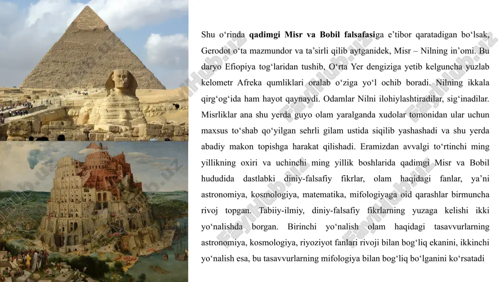 mad ibn tarxon al forobiy (870-950, asarlari: kitob-ul xuruf, fozil odamlar shahri, ehsoul ulum, siyosat falsafasi, fuqarolik siyosati) falsafa va tabiiy fanlar tarixiga oid yuzga yaqin asar muallifidir. u fanlar bilish vositalari ekanligidan kelib chiqqan. bunda mutafakkir nazariy (mantiq, falsafa, tabiiy fanlar) va amaliy (axloq, siyosat) fanlarni farqlagan. fanlar tizimida u insonga haqiqiy bilimni soxta bilimdan farqlash imkonini beruvchi mantiqni birinchi o‘ringa qo‘ygan. ayni shu sababli faylasuf inson tafakkuriga alohida e’tibor bergan. aynan falsafa insonga borliqning mohiyatini tushunish imkonini beradi. borliq «yagona» va ayni vaqtda «ko‘p»dir. borliqning mazkur holati emanasiya, ya’ni «yagona» muhitdan borliqning turli muhitlari kelib chiqishi mahsulidir. forobiy asarlarida dunyo bir-biriga kiruvchi to‘qqiz gumbaz ko‘rinishida namoyon bo‘ladi. bu gumbazlarda ularning yer atrofida aylanishi sababi hisoblangan jonlar yashaydi. gumbazlar o‘z harakatini dastlabki turtkidan boshlagan. forobiy dunyoning rang-barangligini tushuntirish uchun aristotelning shakl va materiyaa haqidagi ta’limotidan foydalangan. u jonning umrboqiyligi haqidagi masalada platon fikriga qo‘shilmagan, chunki uning paydo bo‘lishi va …
