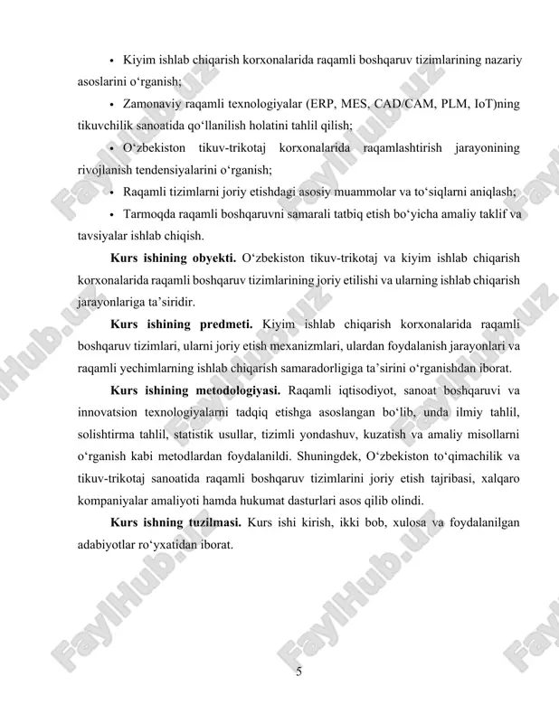 lektga asoslangan analitika yordamida real vaqt rejimida qaror qabul qilish — kiyim ishlab chiqarish korxonalariga ishlab chiqarish sikllarini qisqartirish, materialdan foydalanishni optimallashtirish, vaqtdan samarali foydalanish va mahsulot sifati ustidan doimiy nazoratni ta’minlash imkonini beradi. tikuvchilik sanoatining o‘ziga xosligi shundaki, u keng ko‘lamli kichik va o‘rta korxonalar tarmog‘i, ko‘p bosqichli montaj va aniq o‘lchov talab qiluvchi operatsiyalardan iborat; shuning uchun ushbu sohada raqamli boshqaruv tizimlarini joriy etishning asosiy maqsadi — jarayonlarni modulga bo‘lib, ularni ma’lumotlar oqimi orqali sinxronlashtirish va inson omilini qo‘llab-quvvatlovchi avtomatlashtirishni yaratishdir. erp (enterprise resource planning) tizimlari korxonada moddiy va moliyaviy resurslarni markazlashtirilgan nazoratga oladi: xomashyo zaxiralari, buyurtmalar, ishchi kuchi jadvali, moliyaviy hisobotlar va xarajatlar yagona platformada kuzatiladi; tikuvchilikda erp joriy etilishi orqali buyurtma asosida ishlab chiqarishning aniq rejalashtirilishi, xarajatlarni hisoblash va yetkazib berish muddati monitoringi sezilarli darajada soddalashadi. mes (manufacturing execution system) esa ishlab chiqarish jarayonlarini real vaqt rejimida boshqaradi: mashina holatini kuzatish, ishlab chiqarish quvvatidan samarali foydalanish, …