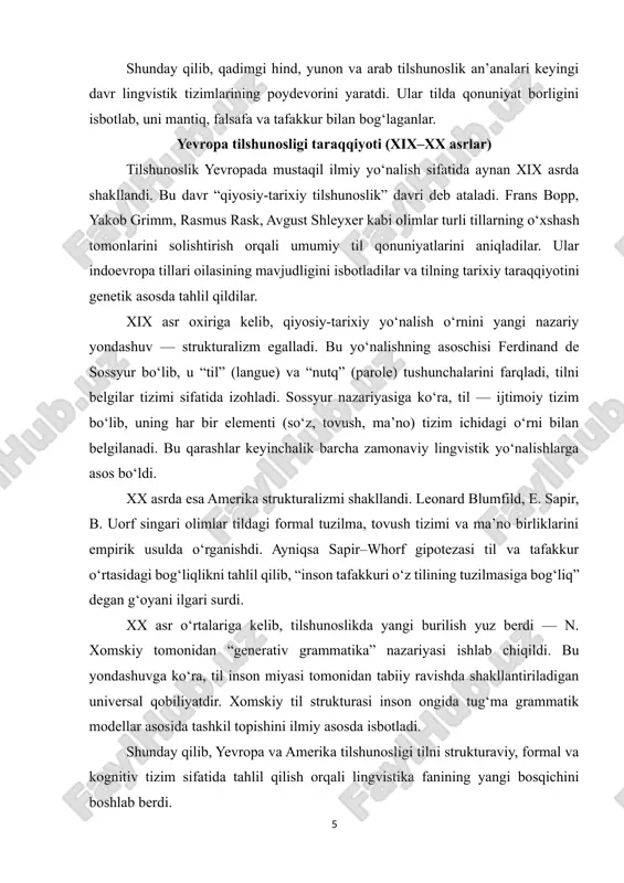ahlil qilmoqda. 2. tilning tabiati va mohiyati haqidagi nazariy qarashlar til va tafakkur o‘zaro bog‘liqligi masalasi til va tafakkur o‘rtasidagi o‘zaro bog‘liqlik tilshunoslik nazariyasining eng qadimiy va eng muhim masalalaridan biridir. inson tafakkuri — bu miyada kechadigan fikrlash jarayoni, til esa bu fikrni tashqi shaklda ifodalash vositasidir. demak, til fikrning tashuvchisi, tafakkur esa tildagi mazmunning manbai hisoblanadi. bu munosabat haqida qadimdan turli olimlar o‘z fikrlarini bildirganlar. platon va aristotel tilni “fikrning ifodasi”, “mantiqiy tushunchalarni tashuvchi vosita” deb qaraganlar. ularning nazarida, til inson aqlining natijasidir. vilgelm fon gumboldt esa tilni “xalq ruhining mahsuli” sifatida baholagan va “har bir xalq o‘z dunyoqarashini tili orqali shakllantiradi” degan mashhur g‘oyani ilgari surgan. xx asrda bu masala chuqur ilmiy asosda o‘rganila boshladi. e. sapir va b. uorf tomonidan ilgari surilgan “lingvistik nisbiylik gipotezasi” til va tafakkur o‘rtasidagi o‘zaro ta’sirni yangi bosqichda izohladi. ularning fikricha, har bir til dunyoni o‘ziga xos tarzda tasvirlaydi, shuning uchun turli …
