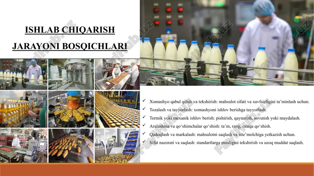 ez, samarali va standartlarga mos holda ishlab chiqariladi. ichimliklar sanoati ichimliklar sanoatida choy va qahva ishlab chiqarish jarayoni xom mahsulotni tanlash, tozalash va qayta ishlashdan boshlanadi. gazli va gazsiz ichimliklar, shuningdek turli sharbatlar tayyorlanadi, ularning ta’mi, rangi va sifatini saqlash uchun aralashmalar va ingredientlar qo‘shiladi. tayyor mahsulotlar sterilizatsiya va filtratsiya jarayonlaridan o‘tadi, so‘ng belgilangan saqlash shartlariga muvofiq joylashtiriladi, bu ularning uzoq muddat sifatini saqlash va iste’molchi uchun xavfsizligini ta’minlaydi. yog‘ va margarin ishlab chiqarish yog‘ va margarin ishlab chiqarishda xomashyo sifatida o‘simlik yog‘lari va sut yog‘i ishlatiladi. mahsulot tayyorlash jarayonida yog‘lar aralashtiriladi, qayta ishlanadi va kerakli konsistensiya berilib, qadoqlanadi. sifat nazorati doimiy olib boriladi: yog‘ kislotalari, xushbo‘ylik va rangi tekshiriladi, bu mahsulotning xavfsizligi va iste’molchi uchun foydaliligini ta’minlaydi. sifat nazorati va xavfsizlik oziq-ovqat mahsulotlarini ishlab chiqarishda sifat nazorati va xavfsizlik eng muhim jarayon hisoblanadi. ishlab chiqarishda iso va haccp xalqaro standartlariga qat’iy rioya qilinadi, bu mahsulotning sifatini va iste’molchi sog‘ligini …