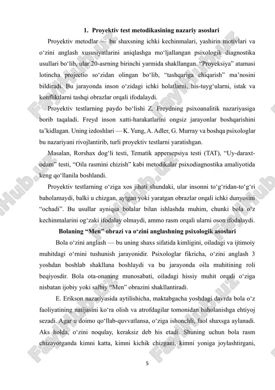 psixologik ma’no izlanadi. quyidagi mezonlar asosida tahlil o‘tkaziladi: 1. personajlarning mavjudligi yoki yo‘qligi. kimni chizdi — kimni chizmadi? agar bola o‘zini chizmamagan bo‘lsa, bu o‘zini oiladan chetda his qilish, e’tiborsizlik yoki past o‘zbaholilik belgisidir. ota yoki onani chizmaslik esa ular bilan hissiy masofa mavjudligidan dalolat beradi. 2. joylashuv. bola kimni qayerga joylashtirgan — o‘rtaga, chetga, yaqin yoki uzoqqa. markazda joylashgan shaxs bola uchun muhim shaxs hisoblanadi. bola o‘zini markazga joylashtirsa — bu o‘ziga ishonch belgisi; chetga joylashtirsa — o‘zini ortda his etish belgisi. 3. o‘lchamlar nisbati. katta qilib chizilgan shaxslar bola hayotida kuchli hissiy ahamiyatga ega. o‘zini juda kichik qilib chizish — o‘zini ojiz yoki ikkinchi darajali deb his qilishdan dalolat beradi. 4. yuz ifodalari. tabassum, qoshlar, ko‘zlar — bularning ifodasi bolaning ichki hissiyotini ko‘rsatadi. masalan, kulayotgan yuz — ijobiy emotsiya, jahldor yoki tund yuzlar esa oilaviy ziddiyatlarni bildiradi. 5. rang tanlovi (agar rangli rasm bo‘lsa). ranglar bola hissiyotining bevosita …