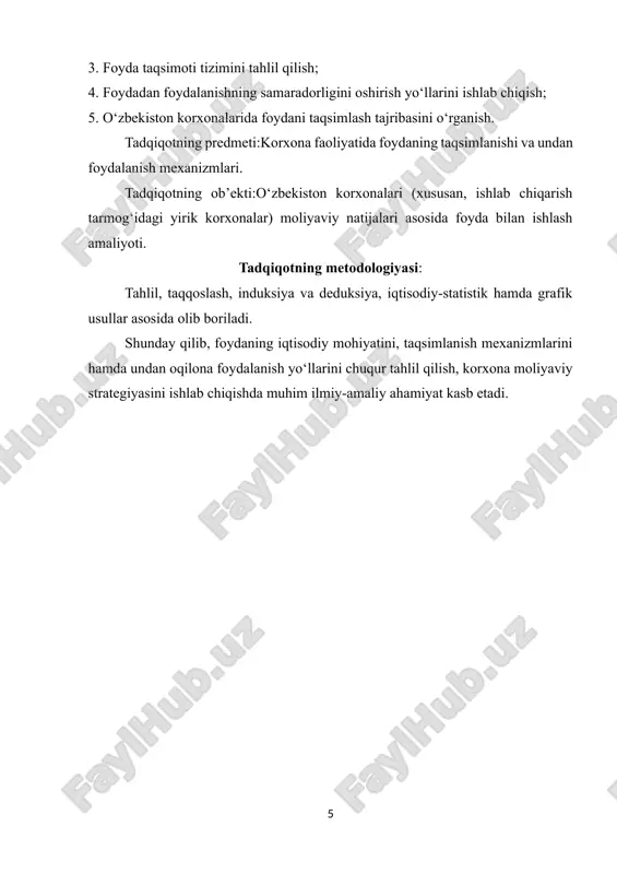 oladi. foydaning shakllanish manbalari korxona foydasining shakllanish manbalari xilma-xildir. asosan quyidagi asosiy yo‘nalishlardan foyda hosil bo‘ladi: 1. asosiy faoliyatdan olingan foyda — bu mahsulot ishlab chiqarish va uni sotish natijasida olingan daromadlar bilan ishlab chiqarish xarajatlari o‘rtasidagi farqdir. masalan, korxona mahsulot ishlab chiqaradi, uni ma’lum narxda sotadi. sotishdan olingan tushum (daromad) ishlab chiqarish, xom ashyo, ish haqi, energiya va boshqa xarajatlardan ortiq bo‘lsa, bu ijobiy farq — foyda sifatida e’tirof etiladi. 2. moliyaviy faoliyatdan olingan foyda — bu korxonaning investitsiyalar, aksiyalar, obligatsiyalar yoki boshqa moliyaviy vositalarga kiritgan mablag‘lari evaziga olgan daromadidir. misol uchun, korxona bo‘sh mablag‘larini tijorat bankidagi depozitga joylashtirib, foiz shaklida daromad oladi. 3. boshqa faoliyatlardan olingan foyda — bu asosiy ishlab chiqarish bilan bog‘liq bo‘lmagan, lekin korxona moliyaviy natijasiga ta’sir qiluvchi daromadlardir. masalan, asosiy vositalarni sotishdan, valyuta kursi farqidan, jarimalar yoki kompensatsiyalar hisobidan olingan foyda. 4. favqulodda foyda (extraordinary income) — bu korxona uchun kutilmagan, lekin foyda sifatida …
