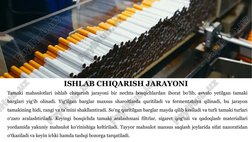 ada kuchaytirilmoqda. xulosa tamaki sanoati bugungi kunda iqtisodiy foyda va sog‘liq uchun xavf o‘rtasidagi nozik muvozanatni namoyon etadi. bu soha davlat byudjetiga soliq tushumlari va bandlik yaratish orqali ijobiy ta’sir kursa, boshqa tomondan, keng ko‘lamdagi sog‘liq muammolariga sabab bo‘ladi. shu sababli aksariyat davlatlar tamaki iste’molini kamaytirishga qaratilgan qat’iy siyosat yuritmoqda. jamiyat esa asta-sekin sog‘lom turmush tarziga o‘tishi, chekish odatidan voz kechishi va yosh avlodni to‘g‘ri yo‘lga yo‘naltirishi zarur. chekish o‘rniga sport, madaniyat, ijobiy odatlar va sog‘lom faoliyatlarni targ‘ib etish kelajak uchun eng to‘g‘ri yo‘ldir. e’tiboringiz uchun raxmat! “chekish — muammo yechimi emas, muammolarni boshlab beruvchi odat.” image2.png image3.png image4.png image5.png image6.png image7.png image8.png image9.png image10.png image11.png image12.png image13.png image14.png /docprops/thumbnail.jpeg