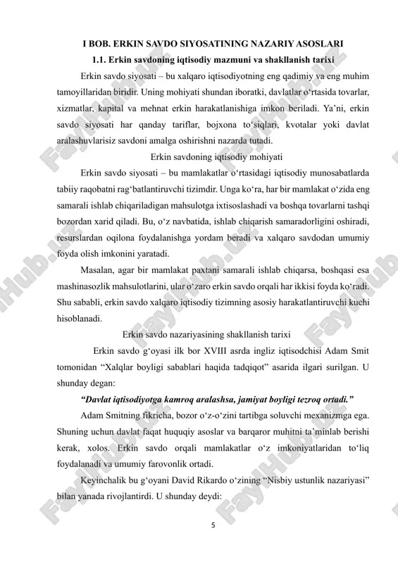 latlar proteksionistik siyosatga o‘tdilar. 4. hozirgi bosqich (xx asrning ikkinchi yarmidan hozirgacha):ikkinchi jahon urushidan so‘ng 1947-yilda gatt (tariflar va savdo bo‘yicha umumiy bitim) imzolandi. keyinchalik u 1995-yilda jahon savdo tashkiloti (wto) ga aylandi. bu tashkilot erkin savdo qoidalarini belgilab, barcha a’zo davlatlar uchun yagona savdo tizimini yaratdi. bugungi kunda wtoning 160 dan ortiq a’zosi mavjud bo‘lib, ular o‘zaro savdoda bojxona to‘siqlarini kamaytirish majburiyatini olgan. bu erkin savdoning global miqyosda mustahkamlanayotganini ko‘rsatadi. erkin savdo siyosatining asosiy prinsiplari erkin savdo quyidagi asosiy tamoyillarga tayanadi: 1. raqobatni rag‘batlantirish – ishlab chiqaruvchilar o‘z mahsulotlarini yaxshilashga, sifat va narx jihatidan ustunlikka intiladi. 2. bozorlarning ochiqligi – har bir mamlakat boshqa davlatlarning tovarlariga imkon beradi. 3. davlat aralashuvining minimal darajasi – hukumat faqat muhitni nazorat qiladi, lekin narx va ishlab chiqarish jarayoniga aralashmaydi. 4. tarif va notarif to‘siqlarning kamaytirilishi – bojlar, kvotalar, litsenziyalar kamaytiriladi. 5. xalqaro mehnat taqsimotini chuqurlashtirish – har bir mamlakat o‘z resurslariga mos …