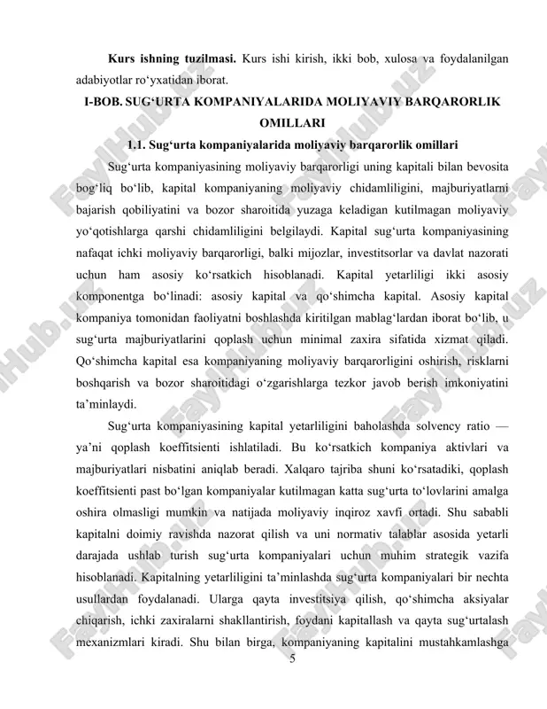 barqarorligining asosiy omili bo‘lib, ichki boshqaruv, huquqiy me’yorlar va strategik rejalashtirish orqali doimiy ravishda ta’minlanishi zarur. kapitalni yetarli darajada saqlash orqali kompaniya nafaqat majburiyatlarini bajaradi, balki bozorda ishonchli va barqaror sub’ekt sifatida faoliyat yuritadi. sug‘urta kompaniyasining moliyaviy barqarorligi nafaqat kapital yetarliligi bilan, balki samarali risklarni boshqarish tizimi bilan ham belgilanadi. risklarni boshqarish tizimi kompaniyaning moliyaviy barqarorligini ta’minlash, kutilmagan yo‘qotishlarni kamaytirish va sug‘urta majburiyatlarini o‘z vaqtida bajarish imkoniyatini beradi. zamonaviy sug‘urta kompaniyalari risklarni boshqarishni strategik jarayon sifatida qabul qiladi, bu jarayon kompaniya ichida barcha bo‘limlar va boshqaruv darajalari bilan uyg‘un ishlashni talab qiladi. risklarni boshqarish tizimi bir nechta asosiy bosqichlarni o‘z ichiga oladi: risklarni aniqlash, ularni baholash, nazorat qilish va moliyaviy ta’sirini kamaytirish choralarini qo‘llash. sug‘urta portfeli diversifikatsiyasi esa risklarni boshqarishning muhim vositasi hisoblanadi. portfel diversifikatsiyasi kompaniya sug‘urta polislarini turli risk turlariga tarqatish orqali amalga oshiriladi. masalan, hayot sug‘urtasi, mol-mulk sug‘urtasi, transport sug‘urtasi va sog‘liq sug‘urtasini bir portfilda birlashtirish kompaniyaga alohida …