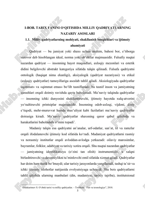 nisbatan saxiylik va ehtirom ko‘rsatiladi. bu me’yor jamiyatning ijtimoiy aloqalarini mustahkamlaydi hamda mehr-oqibatni targ‘ib etadi. 3. mehnatsevarlik va halollik: mehnatga hurmat va halollik — iqtisodiy hayotdagi va ijtimoiy tarbiyaidagi asosiy tamoyillardir. qishloq xo‘jaligi, hunarmandchilik va savdo an’analarida mehnatsevarlik qadriyatlari muhim o‘rin tutadi. 4. vatanparvarlik va milliy g‘urur: tarixiy yutuqlar, buyuk ajdodlar (davlat arboblari, olimlar, shoirlar) hamda mustaqillik davridagi yangilanishlar milliy g‘ururni tarbiyalaydi. bu qadriyat yoshlarni vatanga sadoqat ruhida tarbiyalashda asosiy vositadir. 5. axloqiy me’yorlar va diniy qadriyatlar: islom dini va mahalliy axloqiy an’analar birlashib, insoniylik, yordam berish, halollik va adolat tamoyillarini shakllantiradi. shu bilan birga mahalliy urf-odatlar (masalan, adab-axloq qoidalari, xalqona hikmatlar) ijtimoiy munosabatlarni tartibga solishda ahamiyatlidir. 6. madaniy meros va estetik qadriyatlar: adabiyot, musiqa, hunarmandchilik (kilim, keramika, ziravor), me’morchilik — bular o‘zbek madaniyatining estetik qadriyatlarini ifodalaydi. ushbu elementlar xalqning o‘zligini ifodalaydi va madaniy identifikatsiyani mustahkamlaydi. bu qadriyatlar tarix davomida muayyan bosqichlarda o‘zgarishlar, yangi qatlam qo‘shilishi yoki qayta talqin etilishlarga …