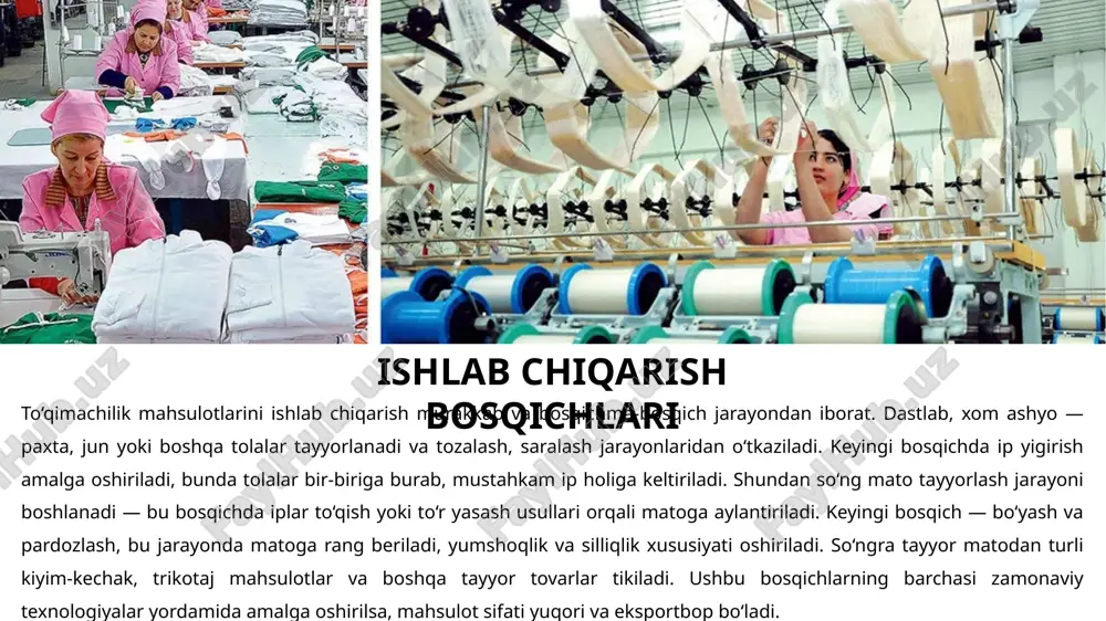 mahsulotlar ishlab chiqarish va yangi bozorlarni zabt etish orqali o‘zbekistonning jahon to‘qimachilik sanoatidagi o‘rni yanada mustahkamlanadi. shu tariqa, to‘qimachilik sanoati mamlakatning iqtisodiy barqarorligi va xalq farovonligiga xizmat qiluvchi strategik tarmoq sifatida rivojlanishda davom etadi. image2.png image3.png image4.png image5.png image6.png image7.png image8.png image9.png /docprops/thumbnail.jpeg