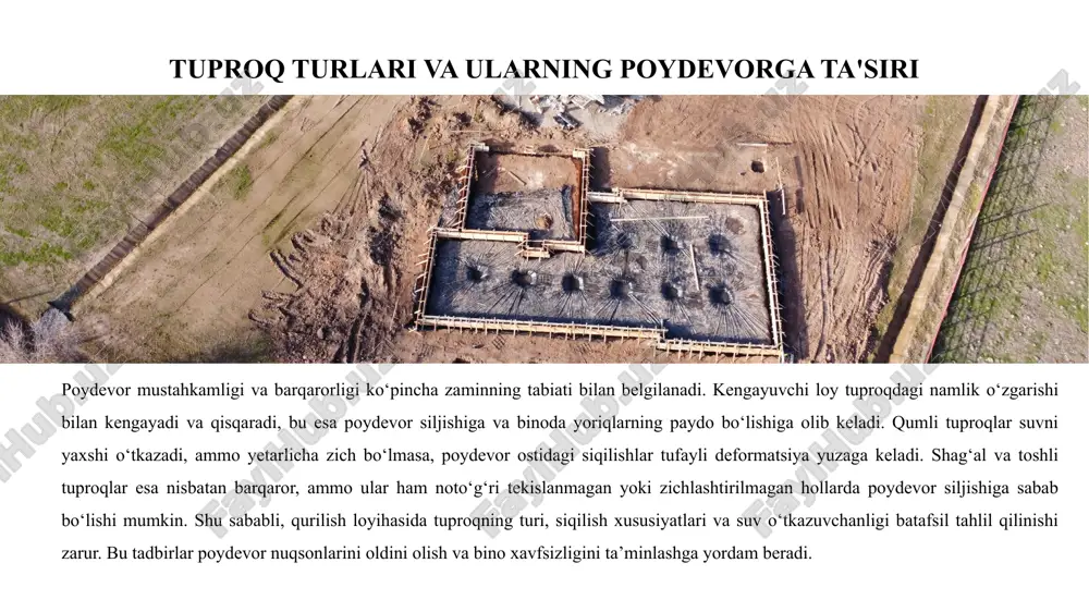 chida loyiha talablariga qat’iy rioya qilinishi zarur. qurilish jarayoni. poydevor qurilishi bir necha muhim bosqichlardan iborat. avvalo, tuproqni tayyorlash zarur: u tekislanadi, siqiladi va kerak bo‘lsa mustahkamlash ishlari bajariladi. keyin poydevor qurilishi amalga oshiriladi – beton quyish, temir-beton armatura o‘rnatish va qatlamlab ishlash texnologiyasiga rioya qilinadi. har bir bosqichda sifat nazorati muhim, chunki hatto kichik xatolar ham keyinchalik deformatsiya va nuqsonlarga olib kelishi mumkin. qurilish tugagach, poydevor tekshiriladi – vizual ko‘rik, o‘lchovlar va ba’zan laboratoriya tahlillari yordamida uning sifat va barqarorligi aniqlanadi. shu tarzda, qurilish jarayoni poydevor sifatini va bino xavfsizligini ta’minlaydi. tekshiruv va nazorat poydevor va zamin holatini muntazam tekshirish binoning barqarorligi va xavfsizligini ta’minlashning muhim qismidir. vizual tekshiruv orqali yoriqlar, deformatsiyalar va namlik belgilarini aniqlash mumkin. geodezik o‘lchovlar yordamida poydevorning siljishi, tekisligi va vertikal holati aniqlanadi. shu bilan birga, laboratoriya tahlillari tuproq va betonning sifatini baholash imkonini beradi. ushbu tekshiruvlar poydevor qurilishida yuzaga kelgan xatolarni erta aniqlash, zarur …