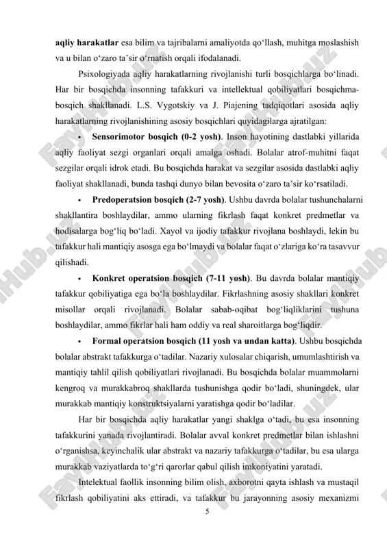 akomillashtirishga xizmat qiladi. inson qanchalik faol fikrlasa, u shunchalik tez va samarali yangi bilimlarni o‘zlashtira oladi. 2. intelektual faollikning shakllanishi va rivojlanishi intelektual faollik inson tafakkurining faol ishlashi, aqliy jarayonlarning rivojlanishi va bilimlarni ongli ravishda qo‘llash bilan bog‘liq. bu jarayon shaxsning izlanishi, yangilikka intilishi va muammolarni hal qilishga bo‘lgan qobiliyatiga bog‘liq holda shakllanadi. inson aqliy qobiliyatining rivojlanishi asosan bilim olish, tajriba orttirish, tahliliy fikrlash va muammolarni yechishga bo‘lgan qiziqish orqali yuzaga keladi. intelektual faollikning shakllanishi bolalik davridan boshlanib, hayot davomida rivojlanib boradi. yosh bolalar atrof-muhitni o‘rganish jarayonida o‘z fikrlash qobiliyatini rivojlantiradi. o‘quv jarayoni, muloqot, turli tajribalar orttirish va ijodiy faoliyat orqali intelektual faollik shakllanadi. katta yoshdagi insonlarda esa bu jarayon bilimlarni o‘zlashtirish, yangilikka intilish va o‘z sohasida innovatsion yondashuvlarni ishlab chiqish orqali davom etadi. intelektual faollikning rivojlanishida mustaqil fikrlash, muammolarni mustaqil hal qilish qobiliyati va yangi bilimlarni izlash asosiy o‘rin tutadi. inson tafakkuri faol bo‘lsa, u muayyan vaziyatlarda o‘z tajribasini …