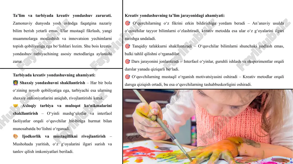 ni real hayotda qo‘llay oladigan, yangi yechimlarni topa oladigan shaxsga aylanadi. zamonaviy pedagogik texnologiyalar va kreativ yondashuv. bugungi kunda ta’lim jarayoniga axborot-kommunikatsiya texnologiyalarini tatbiq etish o‘qitish usullarini tubdan o‘zgartirib, uni yanada samarali va qiziqarli qiladi. 🔹 multimedia va interaktiv ta’lim vositalari – video darsliklar, animatsiyalar va interfaol taqdimotlar o‘quvchilarning darsni yaxshiroq tushunishiga yordam beradi. 🔹 onlayn ta’lim platformalari – google classroom, moodle, khan academy kabi platformalar orqali o‘quvchilar mustaqil o‘rganish imkoniyatiga ega bo‘ladilar. 🔹 virtual haqiqat va simulyatsiyalar – fizika, kimyo va biologiya kabi fanlarda murakkab jarayonlarni tushuntirishda virtual laboratoriyalar qo‘llanilishi mumkin. 🔹 sun’iy intellekt yordamida individual yondashuv – shaxsiylashtirilgan o‘qitish tizimlari orqali har bir o‘quvchining ehtiyojlariga mos ravishda ta’lim berish mumkin. zamonaviy texnologiyalarning afzalliklari: ✔️ o‘quv jarayonini interaktiv va qiziqarli qiladi. ✔️ o‘quvchilarning o‘zlashtirish darajasini oshiradi. ✔️ mustaqil o‘rganish imkoniyatini beradi. ✔️ o‘quvchilarning kreativ fikrlashini rivojlantiradi. 3. kreativ yondashuvda samarali metodlar va texnologiyalar zamonaviy ta’lim jarayoni nafaqat bilim berish, …