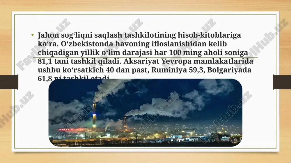 atdan aholini ekologik savodxonlik darajasi, ekologik madaniyatiga bog’likdir. ekologik ta’lim va tarbiya bmt, yunesko, yunep, va voz ning diqqat markazidagi masaladir. (yunesko – bmtning fan va madaniyat ishlari bo’yicha shug’ullanadigan mustaqil bir tuzilmasidir. uning bosh qarorgohi parij shahrida joylashgan. bmtning o’zi esa nyu-york shahrida joylashgan, unga dunyodagi 190 ta davlat kiradi.) 1992 yilda bmt iqlimni o’zgarishi bo’yicha konvensiya qabul qildi. 1993 yilda o’zbekiston respublikasi bmt ni iqlimni o’zgarishi bo’yicha qabul qilgan konqensiyasiga qo’shildi. 1997 yilda 160 mamlakat kioto protokolini qabul qilib, atmosfera havosiga chiqariladigan chiqindilarni kamaytirish borasida majburiyat qabul qilishdi. o’zbekiston ham 1998 yilda kioto protokoliga imzo chekdi. 1999 yil 20 avgustda o’zbekiston respublikasi oliy majlisi kioto protokolini ratifikasiya qildi. shu boisdan 1997 yili bmtning iqlim o’zgarishlariga bag’ishlangan konvensiyasida atmosfera ifloslanishi aqshda 3%, yevropa ittifoqi mamlakatlarida 8%, yaponiyada 6 %ga kamaytirishga qaror qilindi. xx asrning keyingi choragida faqat cho’llanish jarayoni natijasida qishloq xo’jalik mahsulotlarining yo’qotilishidan ko’rilgan zarar miqdori 520 mlrd. …