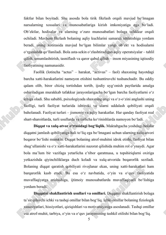 buzilishi bolalarning kundalik faoliyatiga, o‘qishiga va ijtimoiy moslashuviga salbiy ta’sir ko‘rsatadi. eng keng tarqalgan diqqat buzilishlari quyidagilar bo‘lishi mumkin: · diqqatning beqarorligi: bola uzoq vaqt davomida bitta vazifaga e’tibor qarata olmaydi. · giperkativlik: bola ortiqcha harakatchan bo‘lib, o‘z xatti-harakatlarini nazorat qilishda qiynaladi. · e’tiborning tez chalg‘ishi: bola tashqi omillarga haddan tashqari sezgir bo‘lib, e’tiborini tez yo‘qotadi. bunday holatlarni bartaraf etish uchun quyidagi yondashuvlar qo‘llaniladi: · bolaga kun tartibini shakllantirish: aniq rejim asosida faoliyat yuritish diqqatning jamlanishiga yordam beradi. · o‘yin va mashqlar yordamida diqqatni oshirish: fokus va kontsentratsiyani oshiruvchi o‘yinlar, masalan, "nima o‘zgardi?" kabi vizual mantiqiy o‘yinlar samarali bo‘lishi mumkin. · jismoniy faollikni oshirish: to‘g‘ri tanlangan jismoniy mashqlar va harakatlar bolaga ortiqcha energiyasini chiqargan holda, diqqatni yaxshiroq jamlash imkonini beradi. · tashqi ta’sirlarni kamaytirish: mashg‘ulot vaqtida ortiqcha shovqin, chalg‘ituvchi omillarni minimallashtirish. diqqatni shakllantirish va xulq-atvorni nazorat qilish tizimi bolalar uchun muhim omil bo‘lib, ularning kelajakdagi intellektual va ijtimoiy muvaffaqiyatiga bevosita …