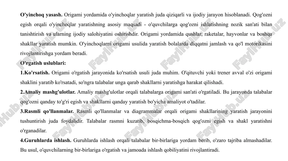 bador qilishga xizmat qiladi. kashtalar bilan kiyim-kechak, parda, gilam va boshqa matolarni bezash orqali milliy an’analar va zamonaviy dizayn uyg‘unlashtiriladi. shuningdek, kashtachilikda metall iplar, marvarid, shisha boncuk va boshqa bezak elementlari ham ishlatilishi mumkin. xulosa bolalar uchun ijodiy faoliyatlarni rivojlantirish ularning shaxsiy rivojlanishi va kreativ tafakkurini shakllantirishda muhim rol o‘ynaydi. origami, applikatsiya, pape-mashe va kashtachilik san’atlari bolalar motorikasini rivojlantirib, tasavvurini kengaytiradi va ularda badiiy didni shakllantiradi. bunday ijodiy mashg‘ulotlar nafaqat bolalarning qo‘l mehnatini takomillashtiradi, balki ularga mustaqil ishlash, sabr-toqat va diqqatni jamlash kabi muhim ko‘nikmalarni ham o‘rgatadi. origami orqali bolalar geometrik shakllarni tushunishga o‘rganishsa, applikatsiya va pape-mashe orqali ranglar uyg‘unligi va dizayn tamoyillarini o‘zlashtiradilar. kashtachilik esa nafaqat hunarmandchilik ko‘nikmalarini, balki milliy madaniyat va an’analar bilan tanishish imkonini ham beradi. ijodiy faoliyatlarni rivojlantirish orqali bolalar yangi ko‘nikmalarni o‘zlashtiradi, o‘z fikrlarini ifodalashda mustaqil bo‘lishadi va atrof-muhitni ijodiy yondashuv bilan qabul qilishga o‘rganadilar. shu sababli, ta’lim tizimida bunday san’at turlariga alohida e’tibor berish, …