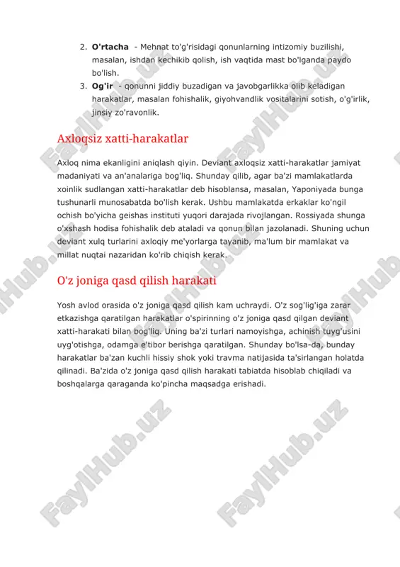 u odam odatdagi hayotda hech qachon qaror qilmaydigan harakat, masalan, parashyut qilish yoki o'zini ijodda ifoda etish. 4. jamiyatning axloqiy me'yorlaridan chetga chiqmaydigan ifoda usullarini rivojlantirish. deviant xatti-harakatlarning oldini olish yosh avlod o'rtasida deviant xulq-atvorning rivojlanishi va jamiyatdagi jinoyatchilik hodisalarining o'sishi o'rtasida to'g'ridan-to'g'ri bog'liqlik mavjud. noqonuniy xatti-harakatlar qilish istagi bolalar va o'spirinlarning deviant xatti-harakatlari rivojlanishi bilan ortib bormoqda. shuning uchun profilaktika ishlari barcha ta'lim muassasalarida hamma joyda joriy etilishi kerak. ularning maqsadi o'spirinlarni har bir harakat javobgar bo'lishi kerakligini o'rgatishdir. bolalar bilan profilaktik ishlarning turli shakllari mavjud: 1. professional psixologlar ishtirokidagi o'yinlar va treninglar, unda kattalarning vazifasi bolaning o'z shaxsiga to'g'ri munosabatini shakllantirishdir. 2. deviant xulq-atvor mavzusida darslar va ma'ruzalar, o'spirinlarga nima uchun konstitutsiya buzilishi mumkin emasligi va u nimaga tahdid solishini tushuntirish. 3. deviant xatti-harakatlarning oldini olish uchun bir nechta sinflar seriyasini o'z ichiga olgan dasturlar. zamonaviy dunyoda deviant xatti-harakatlar muammosi ayniqsa keskin. iqtisodiy tengsizlik, ommaviy globallashuv, axborotdan erkin …