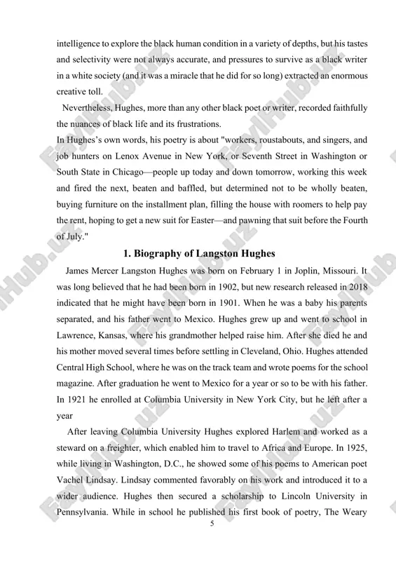 releases include a volume of poetry, montage of a dream deferred (1951), and a collection of short stories, laughing to keep from crying (1952). meanwhile, beginning in the early 1940s hughes wrote numerous stories about an african american character named jesse b. semple (“simple”) that appeared in the chicago defender newspaper. these stories were collected in such volumes as simple speaks his mind (1950), simple takes a wife (1953), and simple stakes a claim (1957). hughes died in new york city on may 22, 1967. the last book he wrote, black misery, was published two years later. it wryly illustrates growing up african american in the united states 2. the history of the development of hughes works first published in the crisis in 1921, “the negro speaks of rivers,” which became hughes’s signature poem, was collected in his first book of poetry the weary blues (1926). hughes’s first and last …