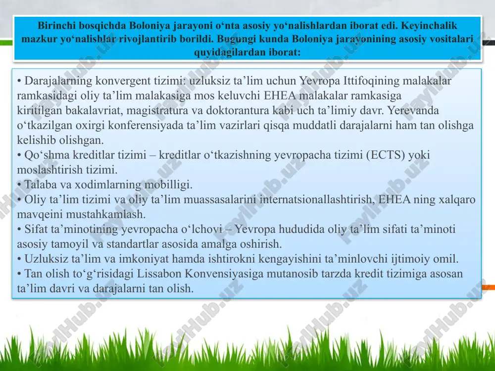 lim kurslarini o’z ichiga olgan dastur hisoblanadi. erasmus mundus qo’shma magistratura dasturi, xalqaro universitetlar konsorstsiumi tomonidan topshiriladigan va ba'zi hollarda boshqa turdagi tashkilotlar tomonidan qo’shma magistratura dasturi amalga oshirishda o'z hissasini qo'sha oladigan dastur hisoblanadi. erasmus mundus qo’shma magistratura dasturi konsotrsiumi quyidagilarni o’z ichiga oladi: ariza topshiruvchi/ koordinator: otm, qaysikim, barcha hamkorlar nomidan loyiha takliflarini topshiradigan. qachonki, erasmus mundus qo’shma magistratura dasturi bo’yicha granttaqdim etilganda, ariza topshiruvchi/ coordinatoryevropa ittifoqining grandti asosiy oluvchisi hisoblanadi va konsortsium nomidan “multi-beneficiary grant” shahrtmonasiniimzolashi kerak bo’ladi. uningmuvofiqlashtiruvchi roli quyidagi vazifalari orqali ifoda etiladi: tashkilot-qatnashuvchi vakili nomidan yevropa ittifoqi komissiyasiga ma’lumot taqdim qilish va ishtirok etish; butun loyihaning moliyaviy va yuridik faoliyatini tog’ri amalga oshirilishi uchun javobgar; boshqa hamkorlar bilan birgalikda erasmus mundus qo’shma magistratura dasturini boshqarish. hamkorlar: otmlari, diplom beruvchi, dasturg kelishuviga muvoffiq o’rnatilgan tartibda tegishli muassasalar yoki hamkor-mamlakatlari tomonidan e’tirof etilgan, va erasmus mundus qo’shma magistratura dasturini tashkil etishda, amalga oshirishda va baholashdafaol ishtirok …