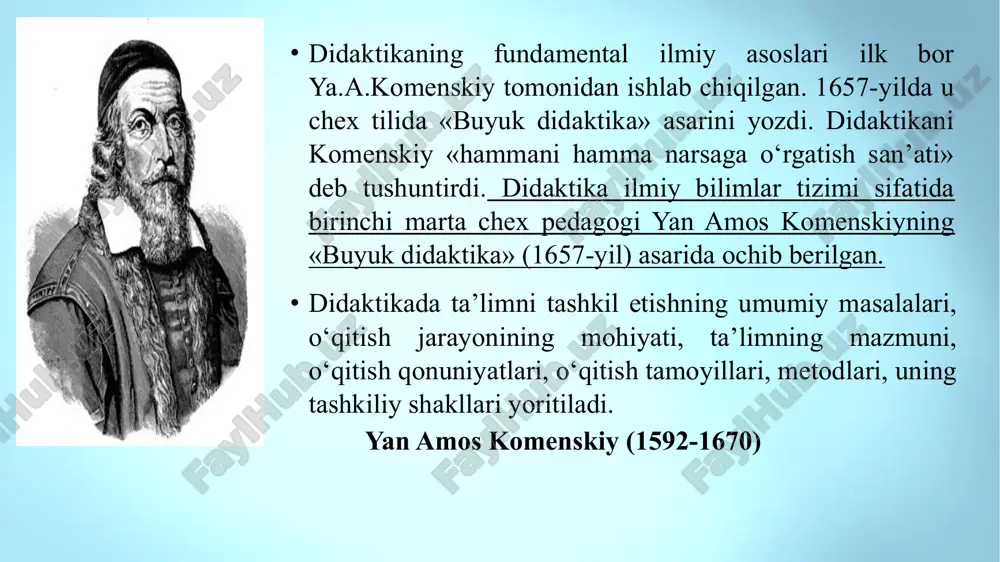 k) paradigmasining diqqat markazida o‘z-o‘zini rivojlantirish ehtiyojiga ega bo‘lgan, hayot sub’ekti, shaxs erkinligi va ma’naviyati sifatidagi ta’lim oluvchi turadi. u bolaning ichki dunyosini rivojlantirish, shaxslararo muloqot, ijod, dialog, shaxs o‘sishi uchun yordamga yo‘naltirilgan. o‘qitish (didaktik) jarayonining mohiyatini quyidagi formula yordamida to‘liq anglash mumkin: dj=m+ao‘f + ao‘fb bu yerda: dj - didaktik jarayon. m - motivatsiya. ao‘f - o‘quvchilarning o‘zlashtirish faoliyati algoritmi. ao‘fb - o‘quvchilarning billish faoliyatini boshqarish. o‘qitish jarayoni uchta vazifani bajaradi: ta’limiy, tarbiyaviy va rivojlantiruvchi. o‘qitish jarayoni va uning vazifasi. o‘qitish - o‘qituvchi va o‘quvchilarning maqsadga qaratilgan birgalikdagi faoliyati jarayoni bo‘lib, bu jarayonda o‘quvchilarni rivojlantirishni amalga oshiradigan bilim, ko‘nikma, malaka va kompetensiyalar yuzaga chiqadi. o‘qitish jarayonining ta’limiy vazifasi o‘quvchilarda bilim, ko‘nikma, malaka va kompetentsiyalarni shakllantirishdan iborat. o‘qitish natijasi sifatida bilimlarining to‘liqligi, chuqurligi, tizimliligi, anglanganligi, mustahkamligi va amaliy xususiyat kasb etishi muhimdir. bu kabi holatlar ta’lim jarayonining metodik jihatdan to‘g‘ri tashkil etilganligini ifodalaydi. o‘qitishning tarbiyaviy vazifasi ta’lim jarayonida shaxsning ma’naviy-axloqiy …