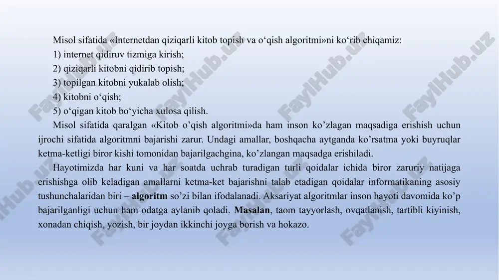 ritmni ifodalash usullari algoritmni grafik tizim ko’rinishida ifodalash. nisbatan murakkab masalalarni yechishda algoritmdan muayyan kompyuter tilidagi dasturga o’tish juda qiyin. bunday bevosita o’tishda algoritmning alohida qismlari orasidagi bog’lanish yo’qoladi, algoritm tarkibining asosiy va muhim bo’lmagan qismlarini farqlash qiyin bo’lib qoladi. bunday sharoitda keyinchalik aniqlash va to’g’rilash ancha vaqt talab qiladigan xatolarga osongina yo’l qo’yish mumkin. odatda algoritm bir necha marta ishlab chiqiladi, ba'zan xatolarni to’g’rilash, algoritm tarkibini aniqlashtirish va tekshirish uchun bir necha marta orqaga qaytishga to’g’ri keladi. algoritm ishlab chiqishning birinchi bosqichida algoritmni yozishning eng qulay usuli - algoritmni tuzim ko’rinishda ifodalashdir. algoritm blok-sxemasi - berilgan algoritmni amalga oshirishdagi amallar ketma-ketligining oddiy tildagi tasvirlash elementlari bilan to’ldirilgan grafik tasviridir. algoritmning har bir qadami tuzimda biror bir geometrik shakl - blok (blok simvoli) bilan aks ettiriladi. bunda bajariladigan amallar turiga ko’ra turlicha bo’lgan bloklarga gost bo’yicha tasvirlanadigan turli xil geometrik shakllar - to’g’ri to’rtburchak, romb, parallelogramm, ellips, oval va hokazolar …