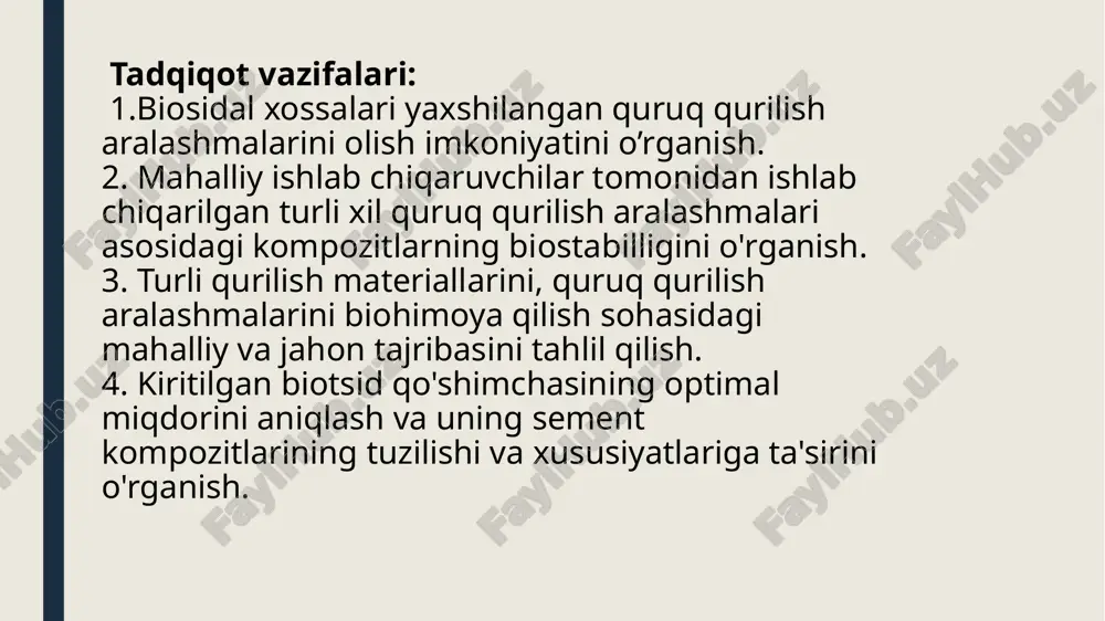 qurilish aralashmalarining biologik chidamliligi va fizik-mexanik xususiyatlariga ta'siri ko'rib chiqildi. natriy sulfatning afzalligi aniqlandi, uning miqdori umumiy massaga bo'yicha 3-5 qismni tashkil etdi. portland sementining har 100 og'irlik qism bo'yicha kompozitsiyalarga fungitsid xususiyatlarini berishga yordam beradi. 3. fizikaviy-mexanik, fizik-kimyoviy va biologik sinov usullaridan foydalangan holda, kimyoviy va biologik muhitda yaxshilangan elastik-mustahkamlik xususiyatlariga ega quruq qurilish aralashmalarini ishlab chiqarishni ta'minlash uchun biotsid qo'shimchasining optimal konsentratsiyasi o'rganildi. 4. quruq qurilish aralashmalarining kompozitsiyalari optimallashtirildi, ya’ni ular tarkibiga bir vaqtning o'zida biotsid qo'shimchani va har xil turdagi modifikatorlarni: tolalar, qayta disperslangan kukun, sirt faol moddalar, shuningdek, har xil granulometrik tarkibdagi kvarts kukuni ​​hamda asbestning dispers qo'shimchalarini kiritish mumkinligi o’rganildi. etiboringiz uchun tashakkur image1.png image2.png image3.png /docprops/thumbnail.jpeg